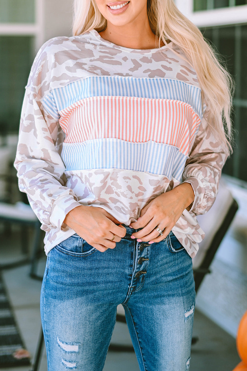 Leopard Print Puff Sleeve Knit Top Contrast Stripe Patchwork Women S-XL