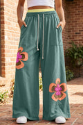 Women's Green Floral Patchwork Wide Leg Pants | Boho Drawstring Waist at LivelyLooks