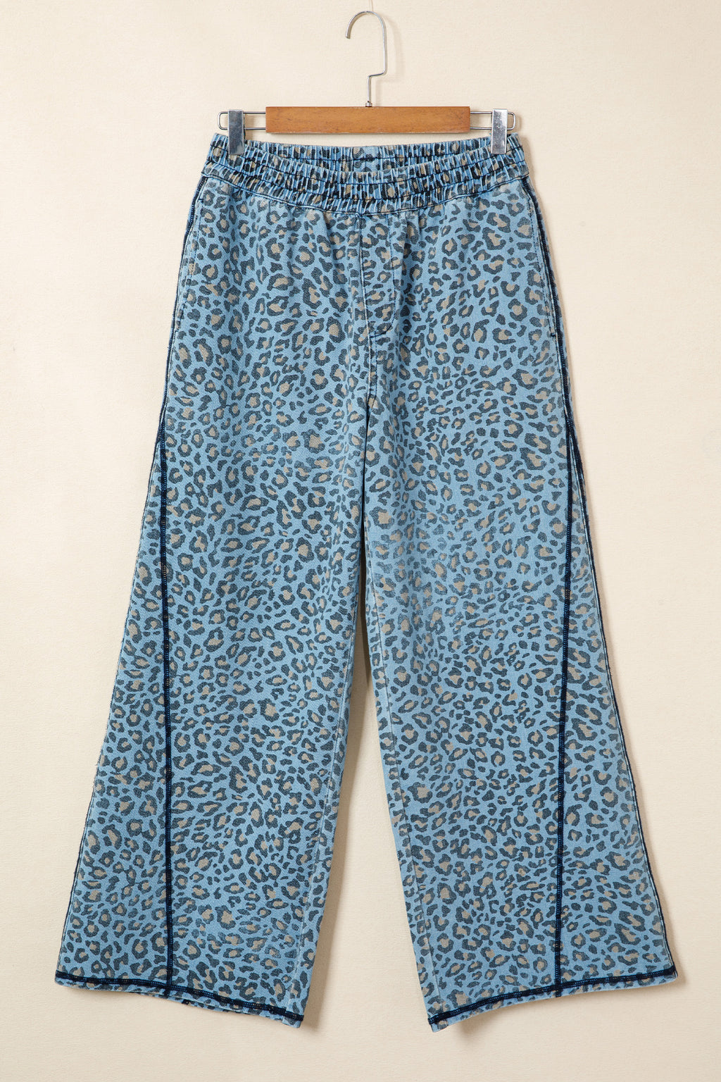 Shop Blue Leopard Print Exposed Seam Wide Leg Drawstring Jeans UK 8-20 at LivelyLooks