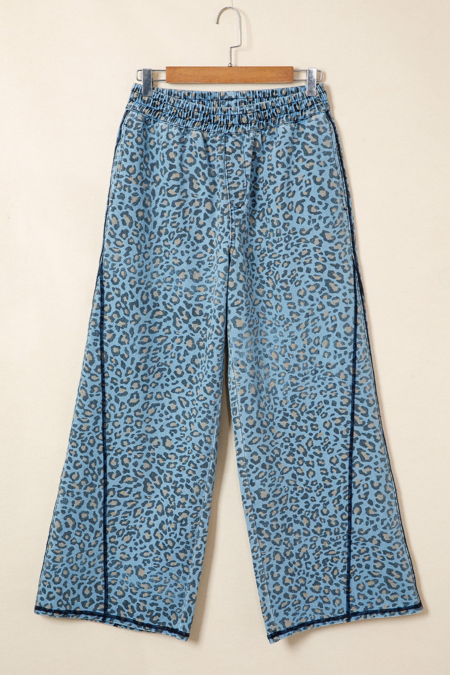 Shop Blue Leopard Print Exposed Seam Wide Leg Drawstring Jeans UK 8-20 at LivelyLooks