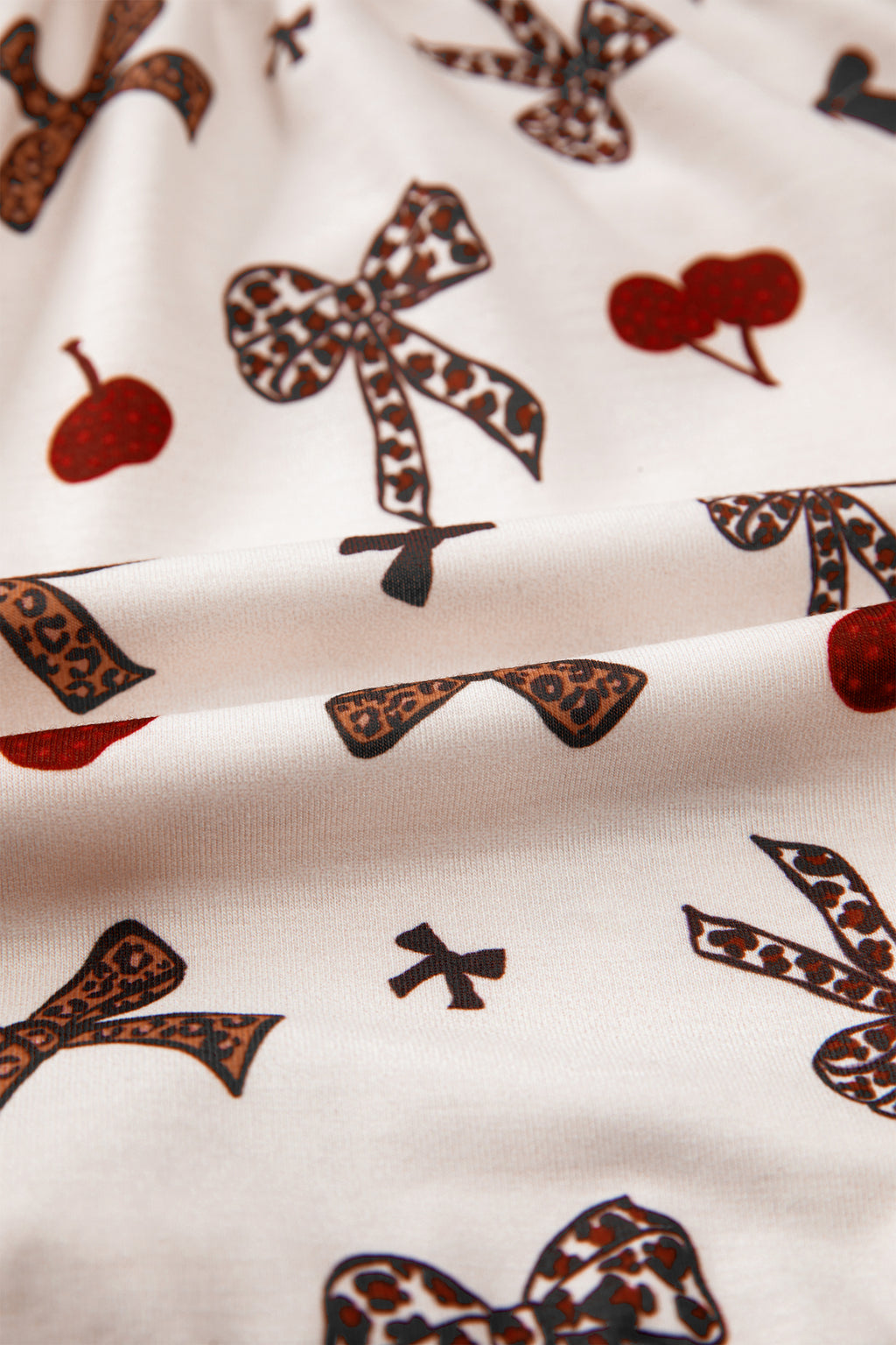 Women's White Cherry Print Leopard Patchwork PJ Set Bow Shirt and Drawstring Shorts Pyjamas at LivelyLooks