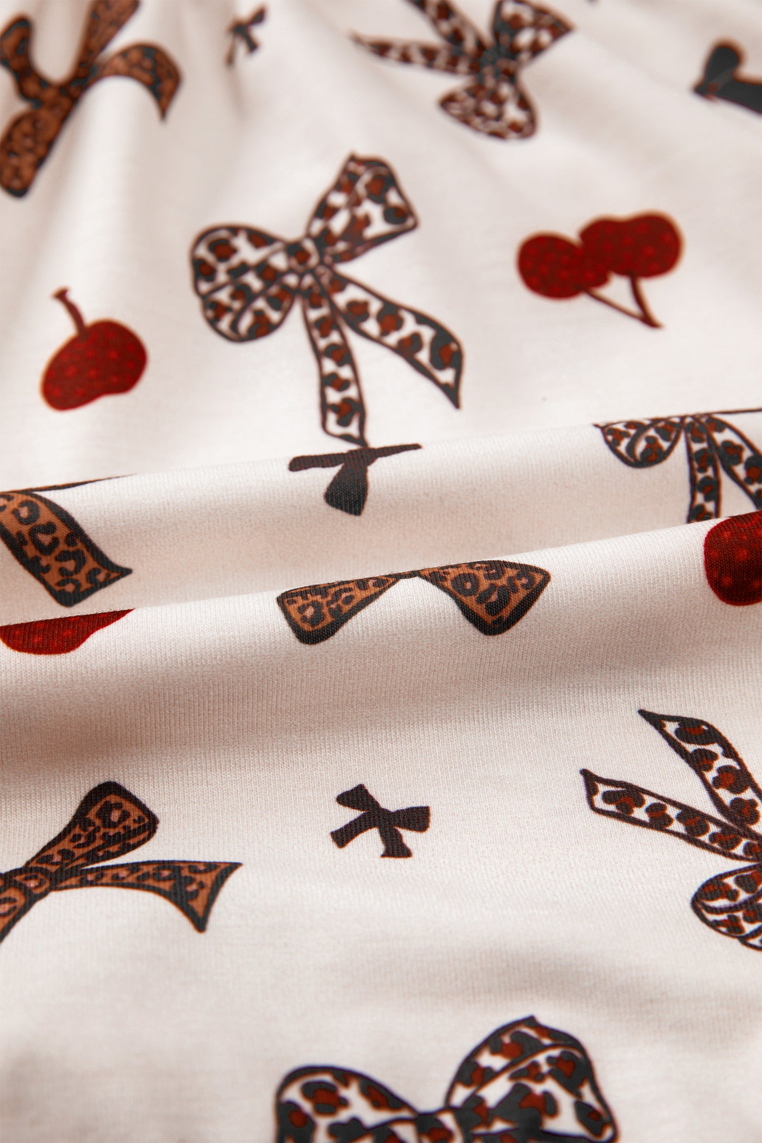 Women's White Cherry Print Leopard Patchwork PJ Set Bow Shirt and Drawstring Shorts Pyjamas at LivelyLooks