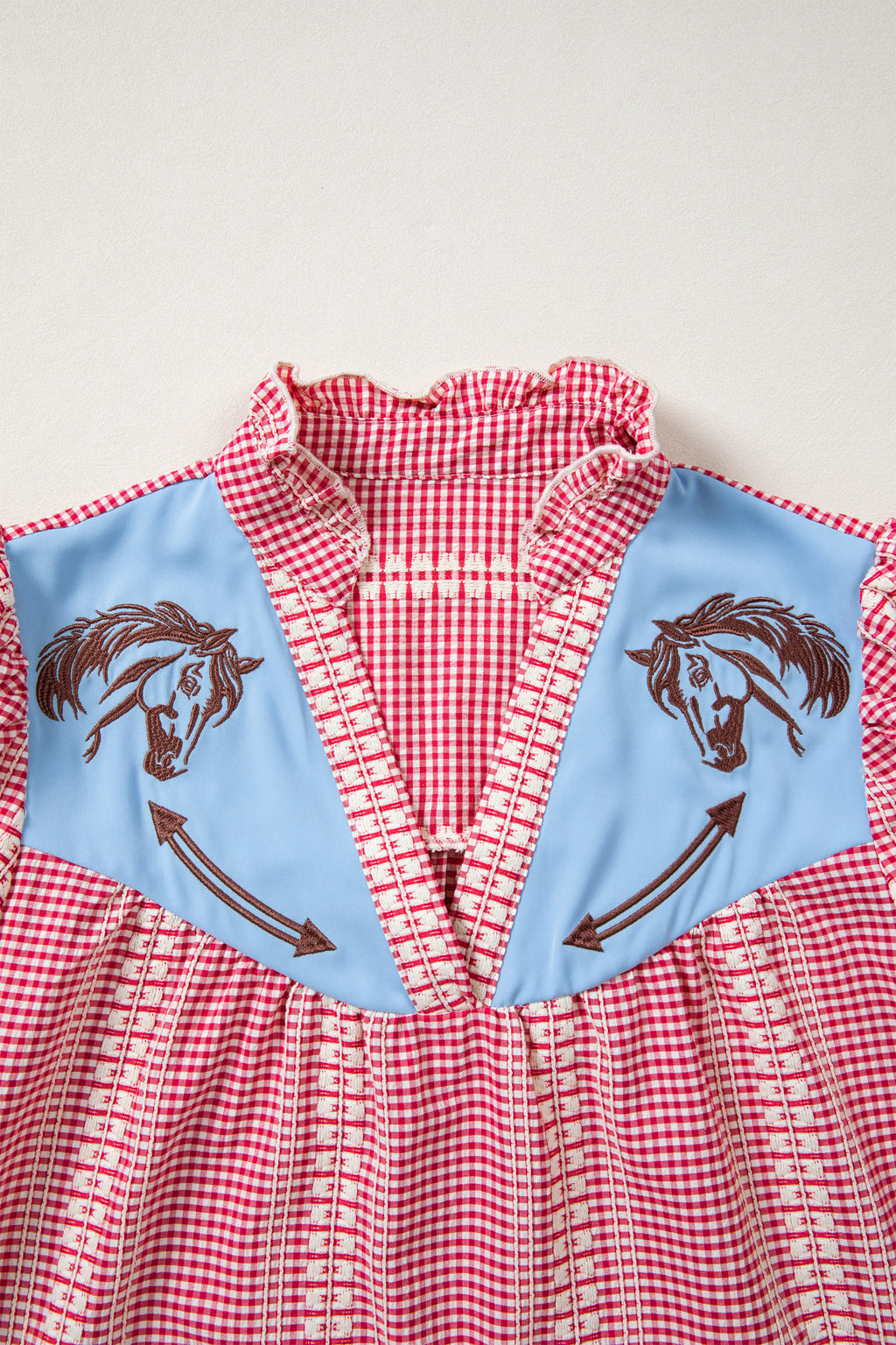 Red Brown Western Gingham Blouse Pony Embroidered Puff Sleeve S-XL