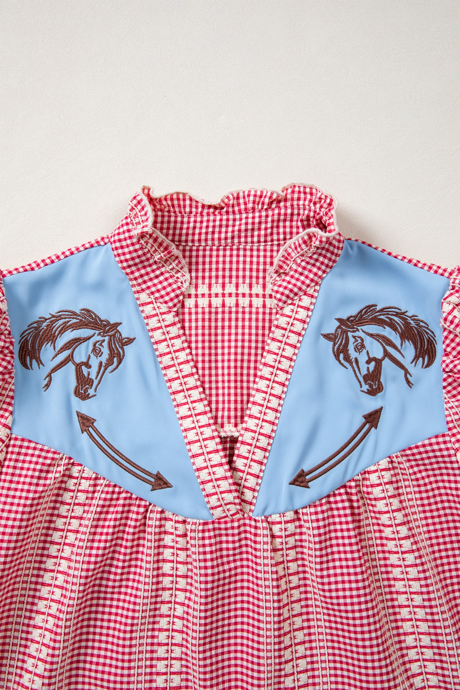 Red Brown Western Gingham Blouse Pony Embroidered Puff Sleeve S-XL