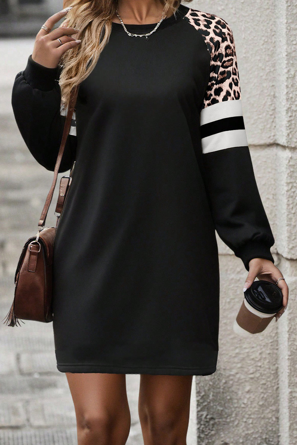 Women's Black Leopard Print Patchwork Varsity Raglan Sleeve Sweatshirt Dress at LivelyLooks
