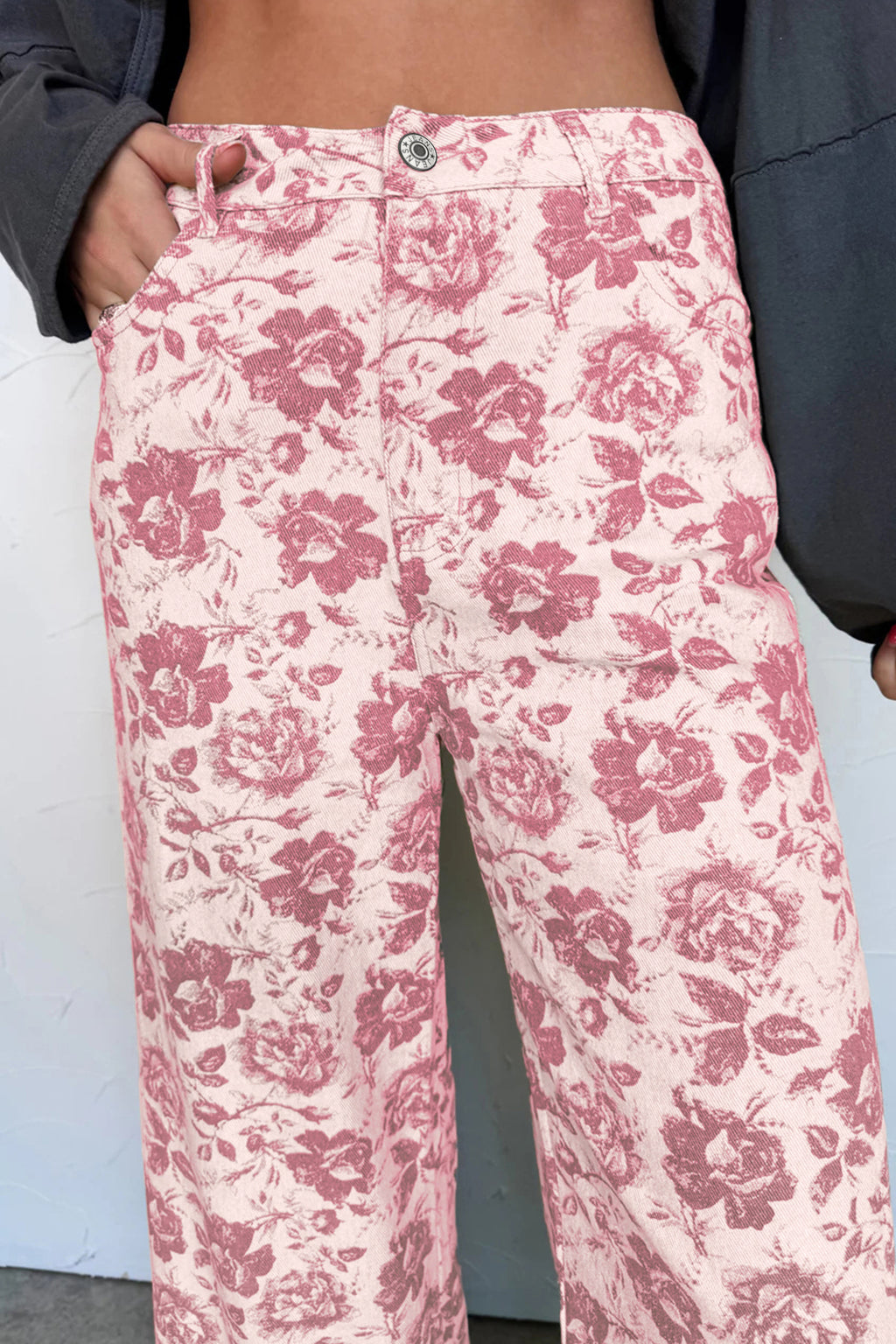 Pink Vintage Floral Print Wide Leg Denim Jeans | Sizes 4–16