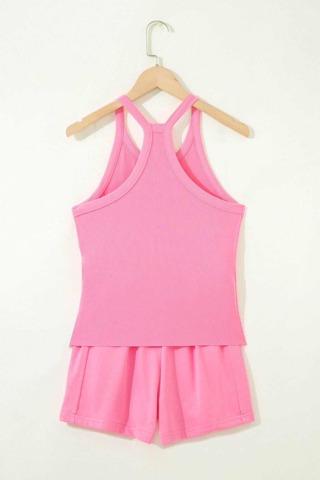 Ribbed Slim Tank Top & High Waist Shorts Set – Sky Blue, Pink & Green