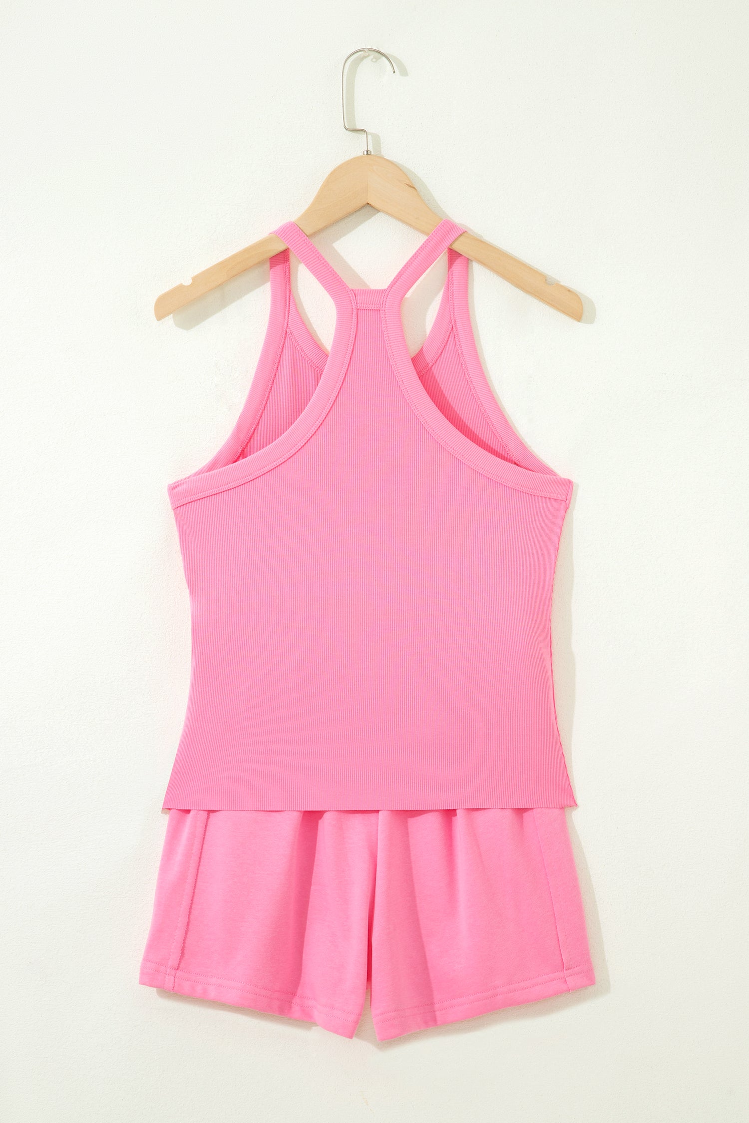 Ribbed Slim Tank Top & High Waist Shorts Set – Sky Blue, Pink & Green