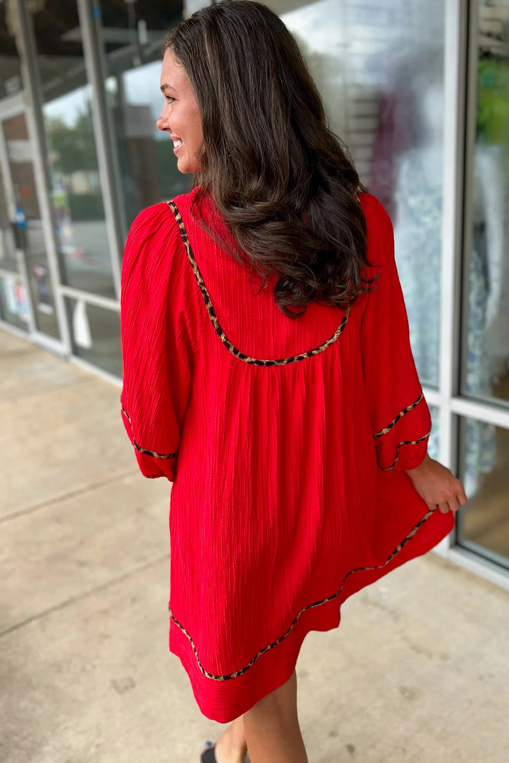 Women's Fiery Red Textured V Neck Leopard Contrasted Trim Long Sleeve Shift Mini Dress at LivelyLooks