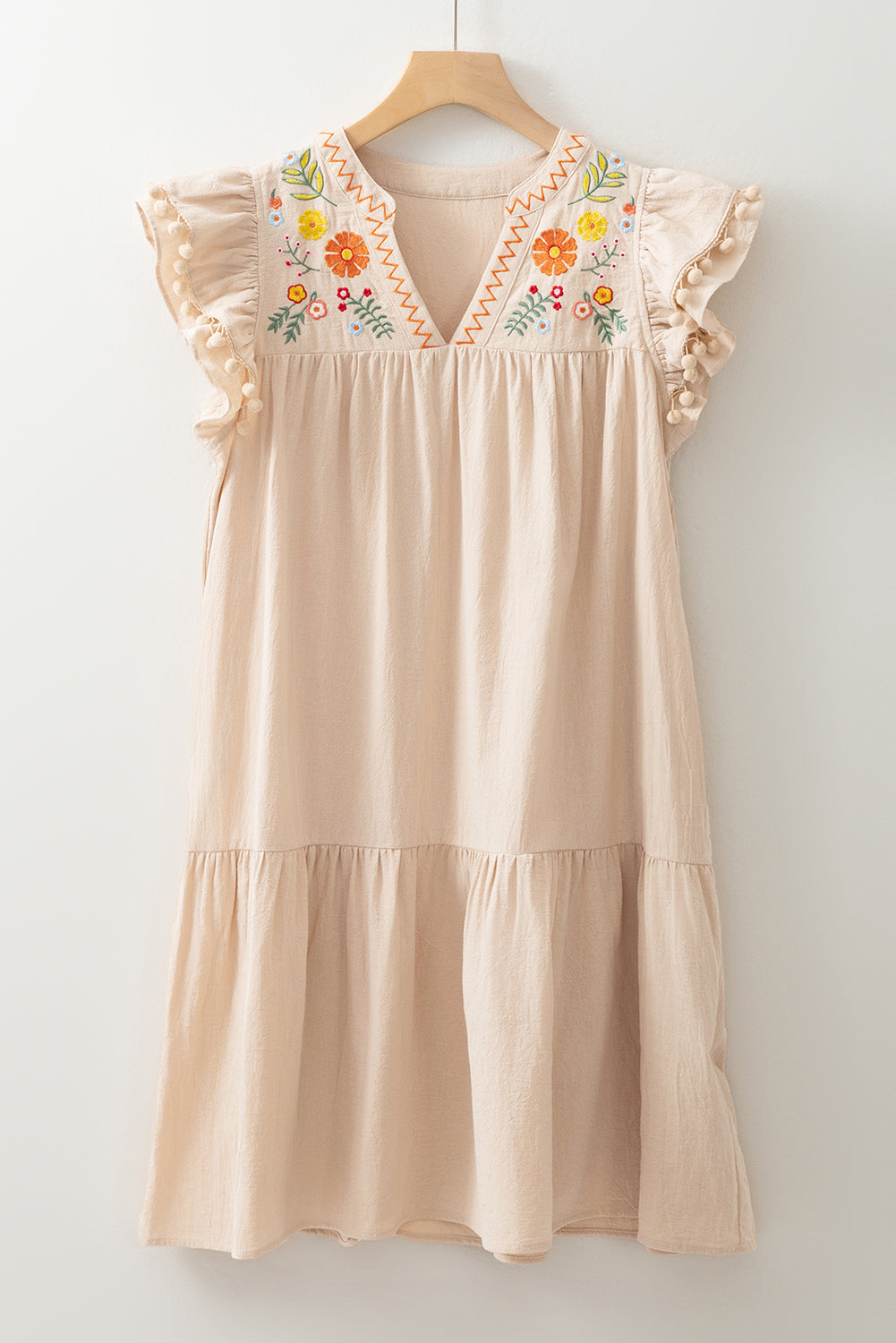 Shop Floral Embroidery Pom Pom Ruffle Sleeve Split Neck Mini Dress | S-XL at LivelyLooks