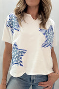 Women's White & Sky Blue Star Patch Notched Neck Mineral Wash Dolman Tee at LivelyLooks