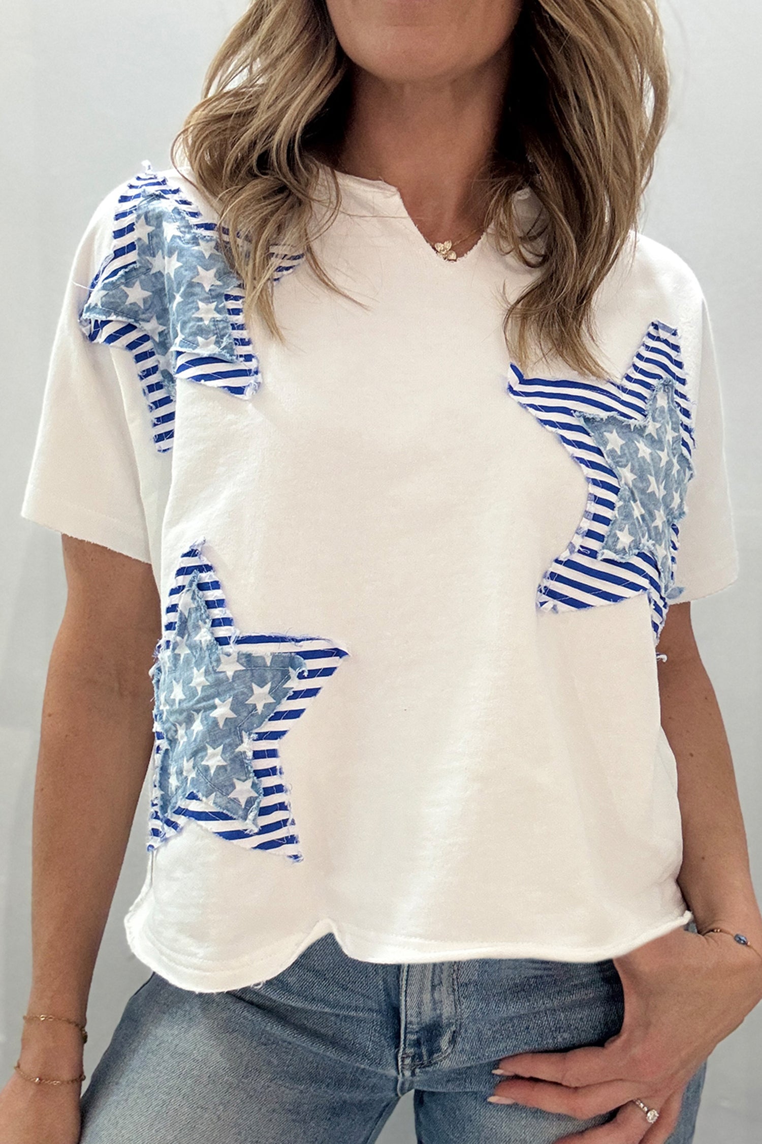 Women's White & Sky Blue Star Patch Notched Neck Mineral Wash Dolman Tee at LivelyLooks