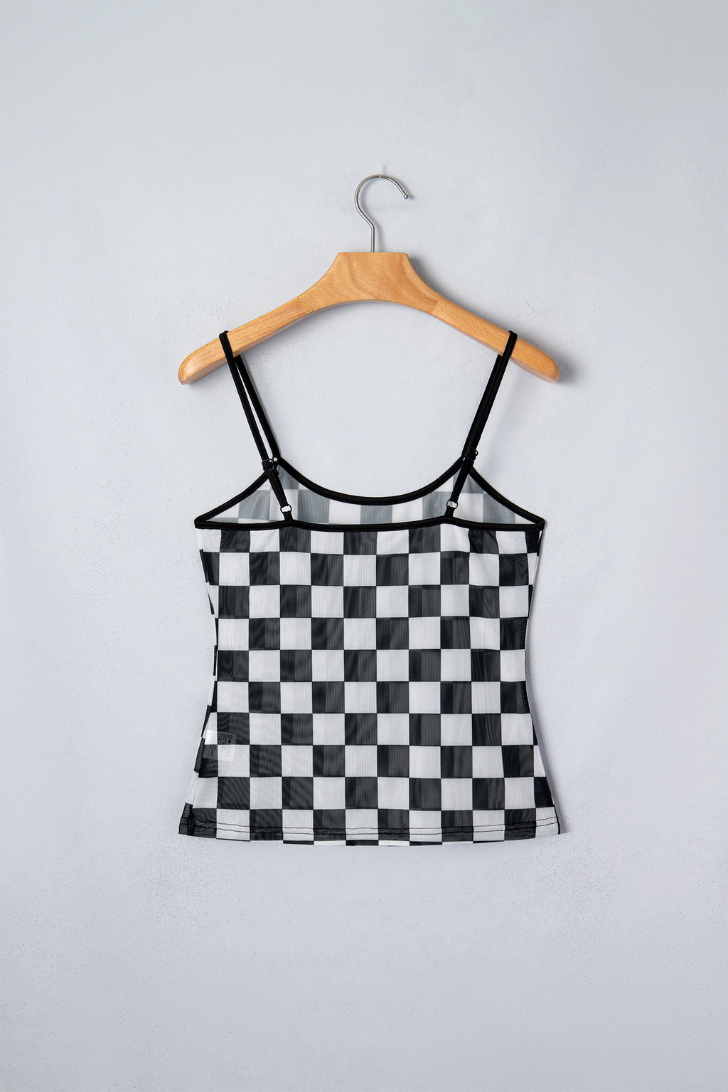 Black Sheer Checkered Print Spaghetti Strap Slim Tank Top