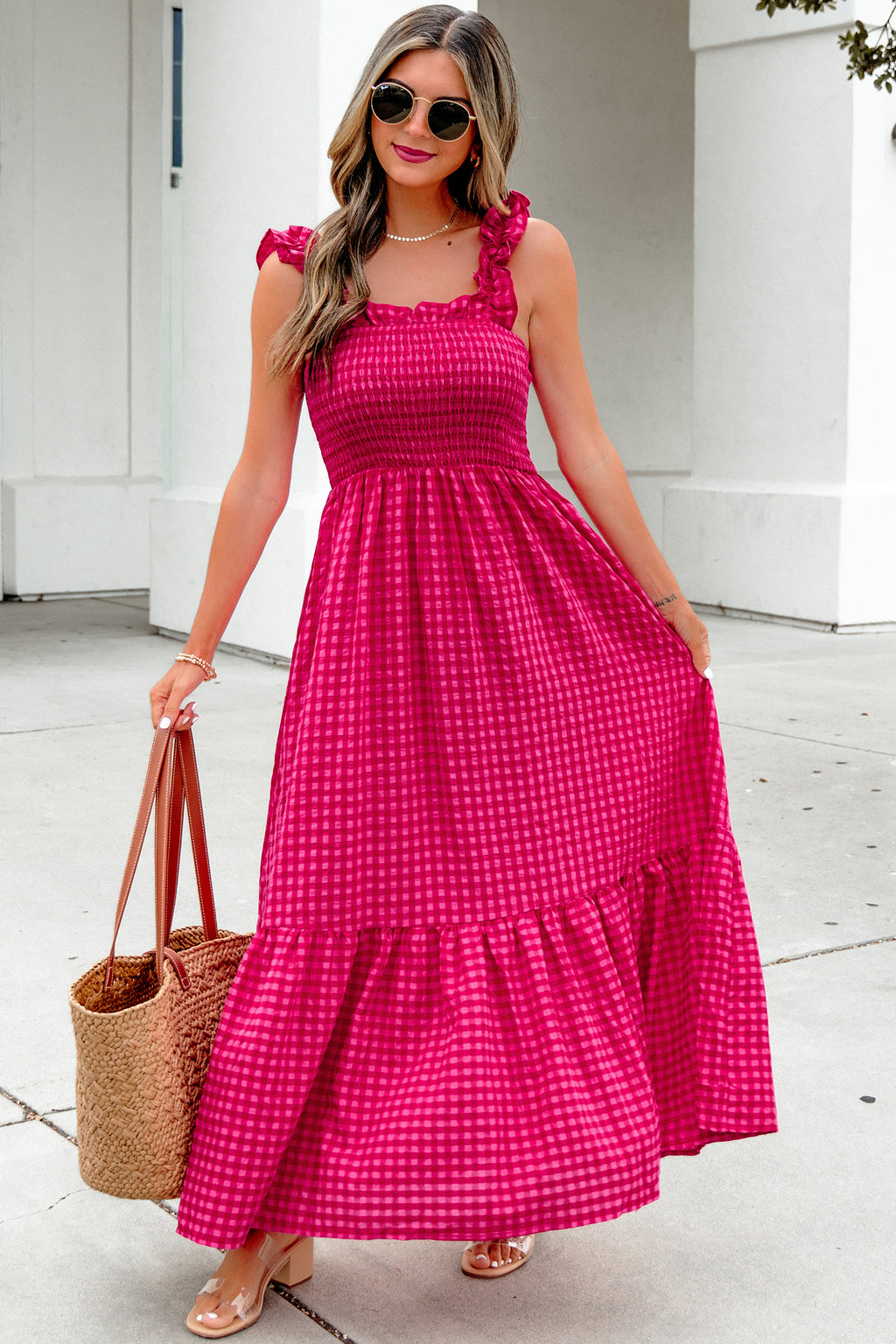 Red Plaid Fit & Flare Sundress Square Neck Vacation Women S-XL