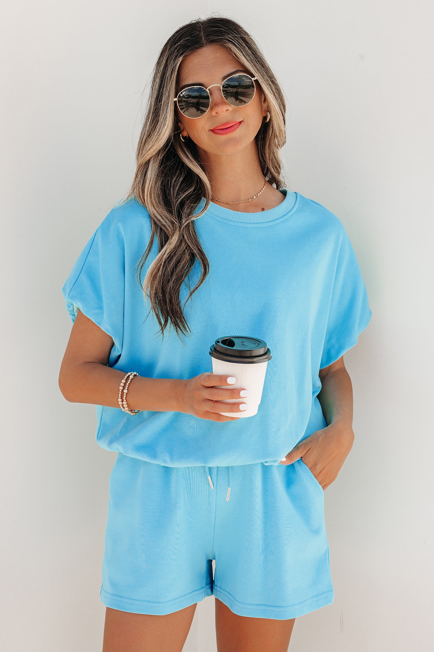 Puffy Loose Top & Drawstring Shorts Set – Smoke Grey & Light Blue