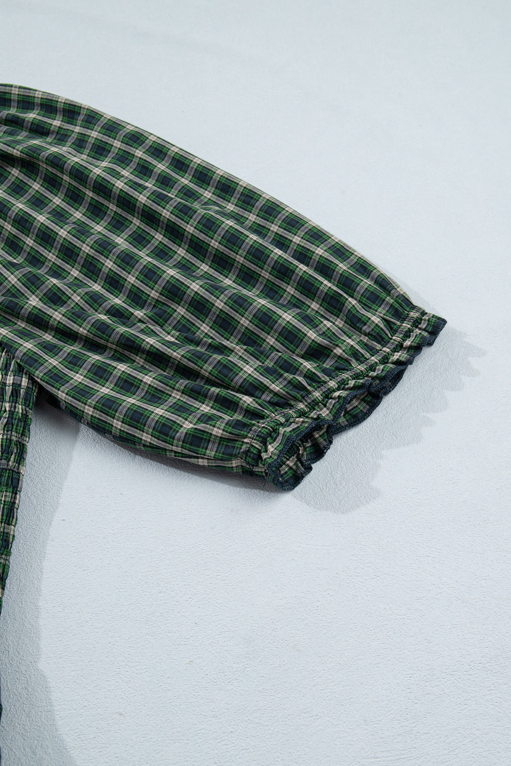 Green Plaid Square Neck Shirred Ruffle Hem Mini Dress S-XL