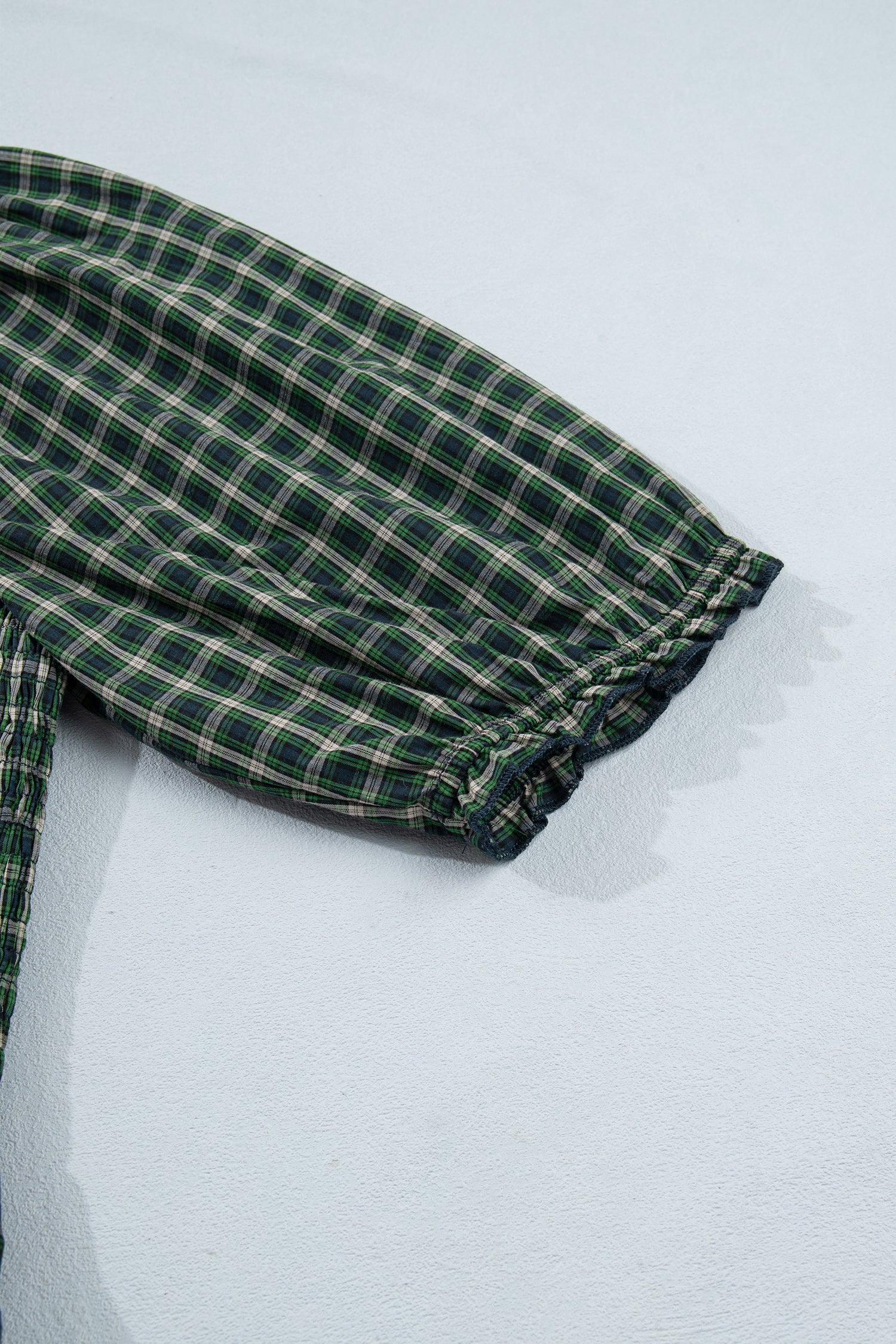 Green Plaid Square Neck Shirred Ruffle Hem Mini Dress S-XL