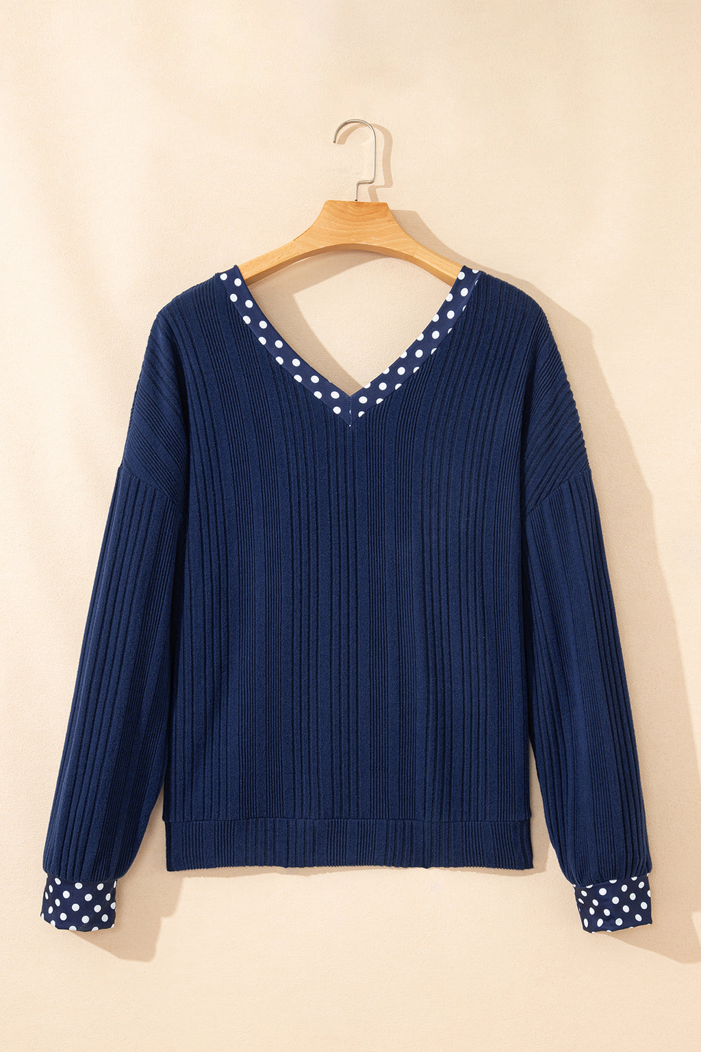 Women's Dusty Blue Polka Dot Trim Bow Tie V Neck Ribbed Top at LivelyLooks
