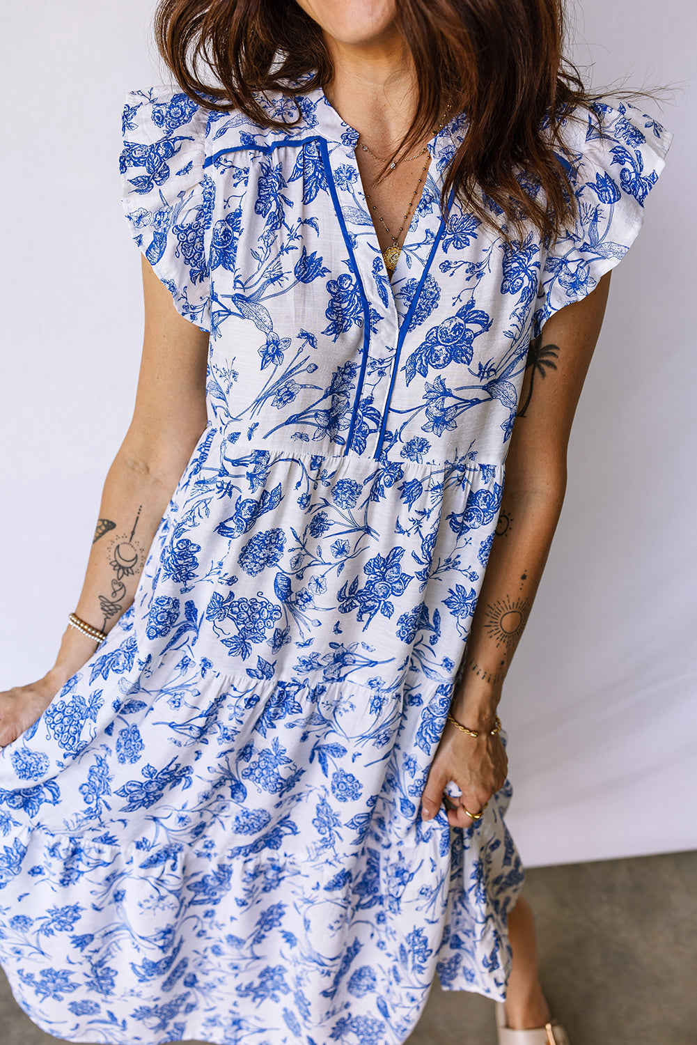 Women's Blue Ruffled Short Sleeve Tiered Floral Midi Dress at LivelyLooks