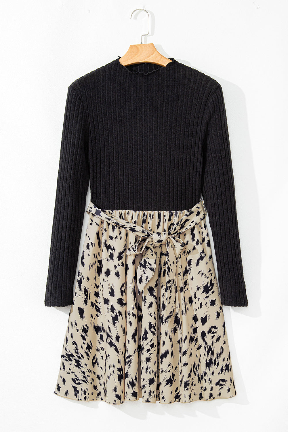 Women's Black Ribbed Knit Patchwork Printed Belted A-line Dress at LivelyLooks