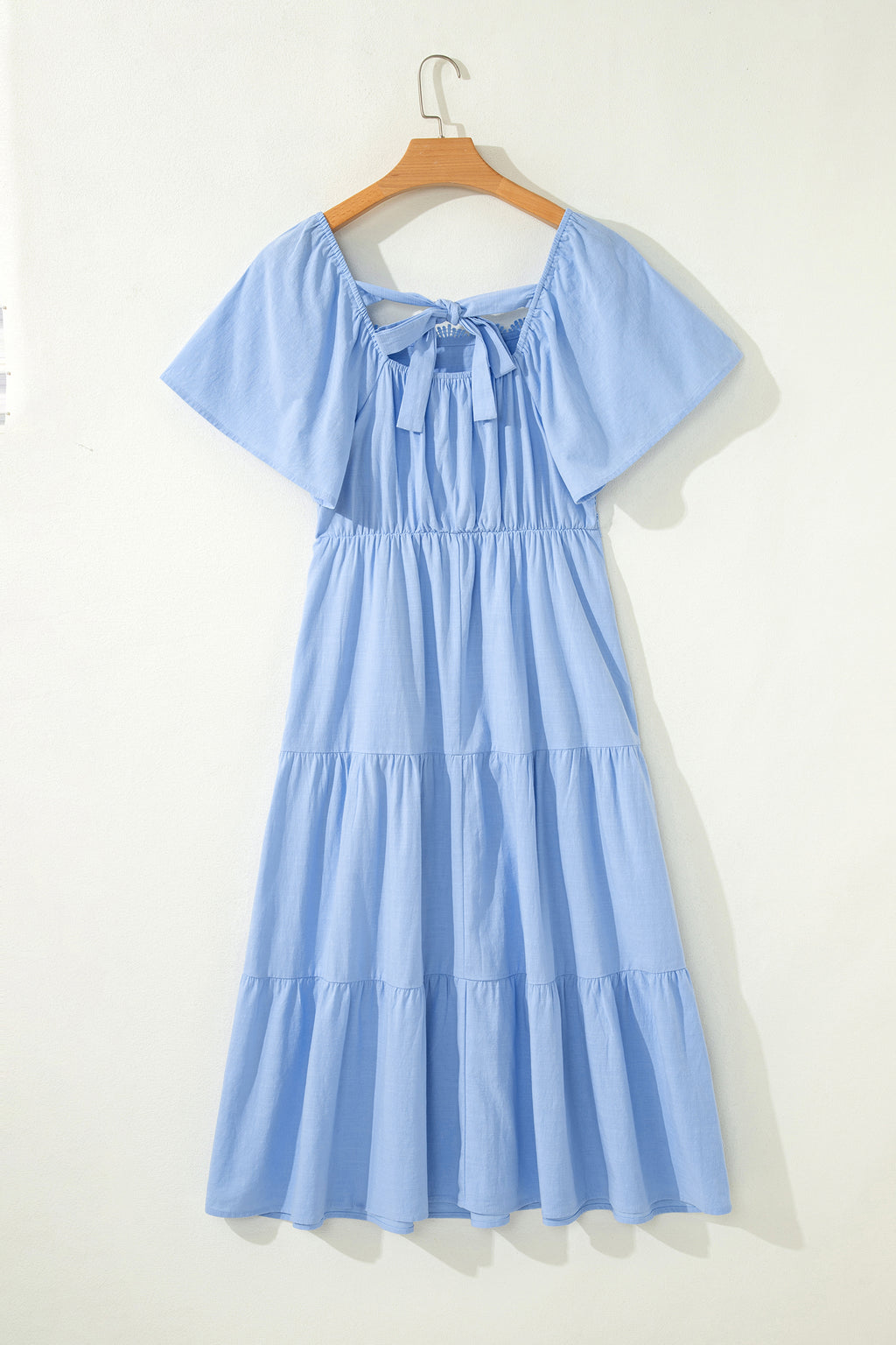 Women's Blue Flowy Short Sleeve Lace Detail Square Neck Tiered Midi Dress S-XL at LivelyLooks