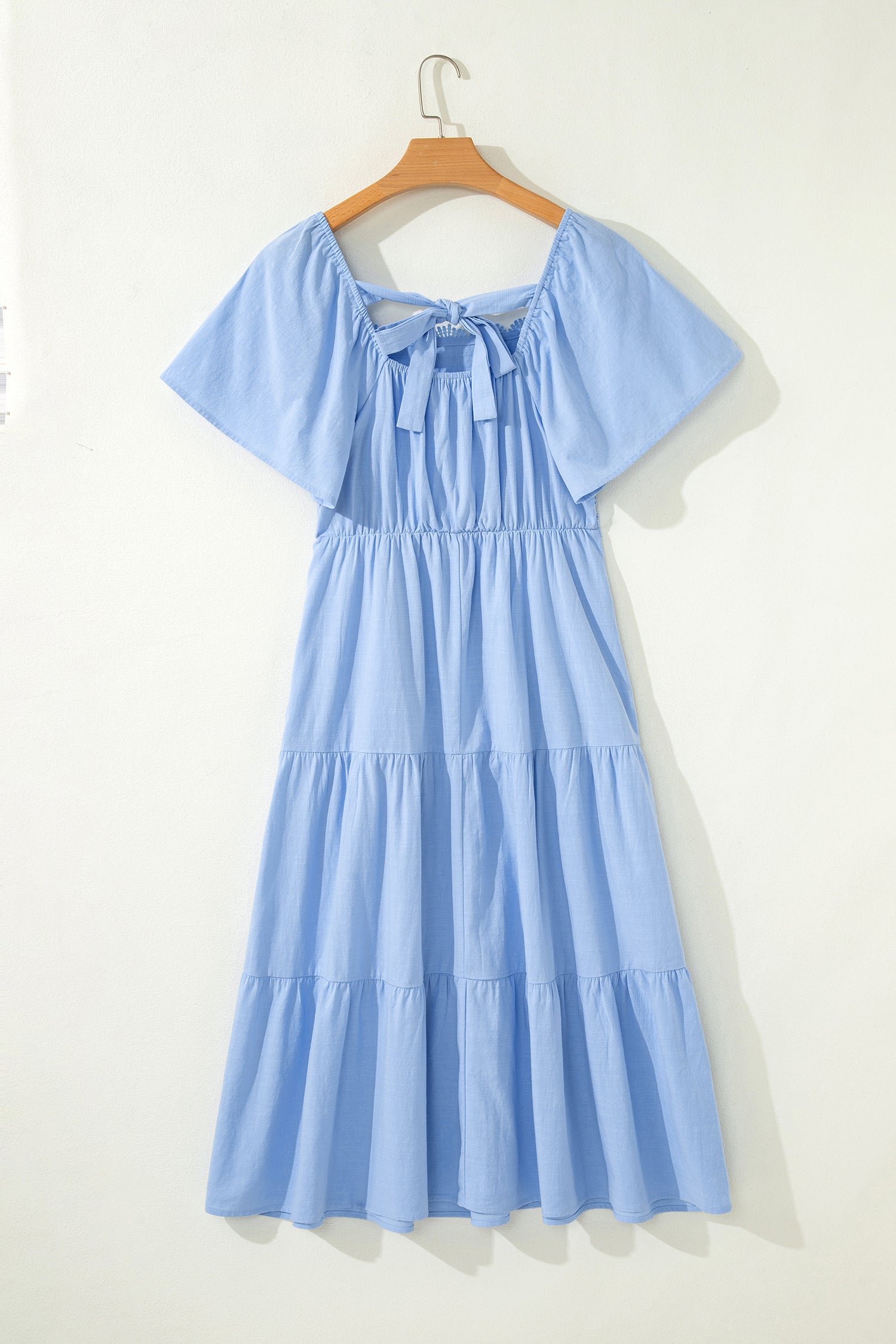 Women's Blue Flowy Short Sleeve Lace Detail Square Neck Tiered Midi Dress S-XL at LivelyLooks