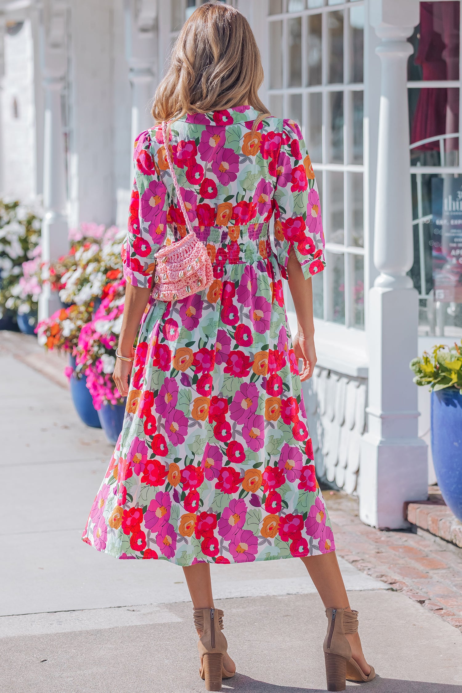 Rose Floral Print Zip Front Shirred Waist Flared Half Sleeve Midi Dress S-XL