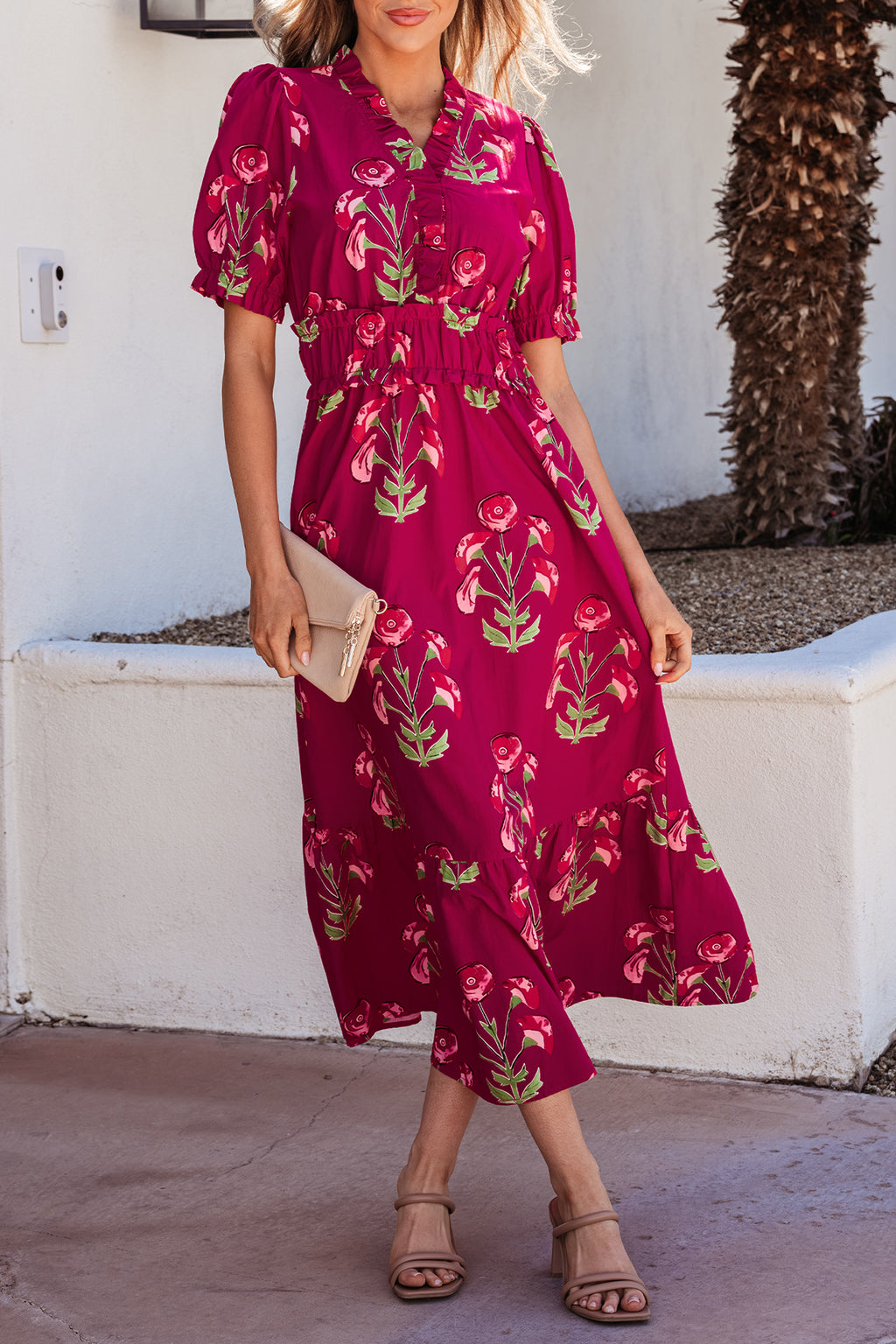 Women's Red Floral Ruffle V-Neck Short Sleeve Maxi Dress Vacation S-XL at LivelyLooks
