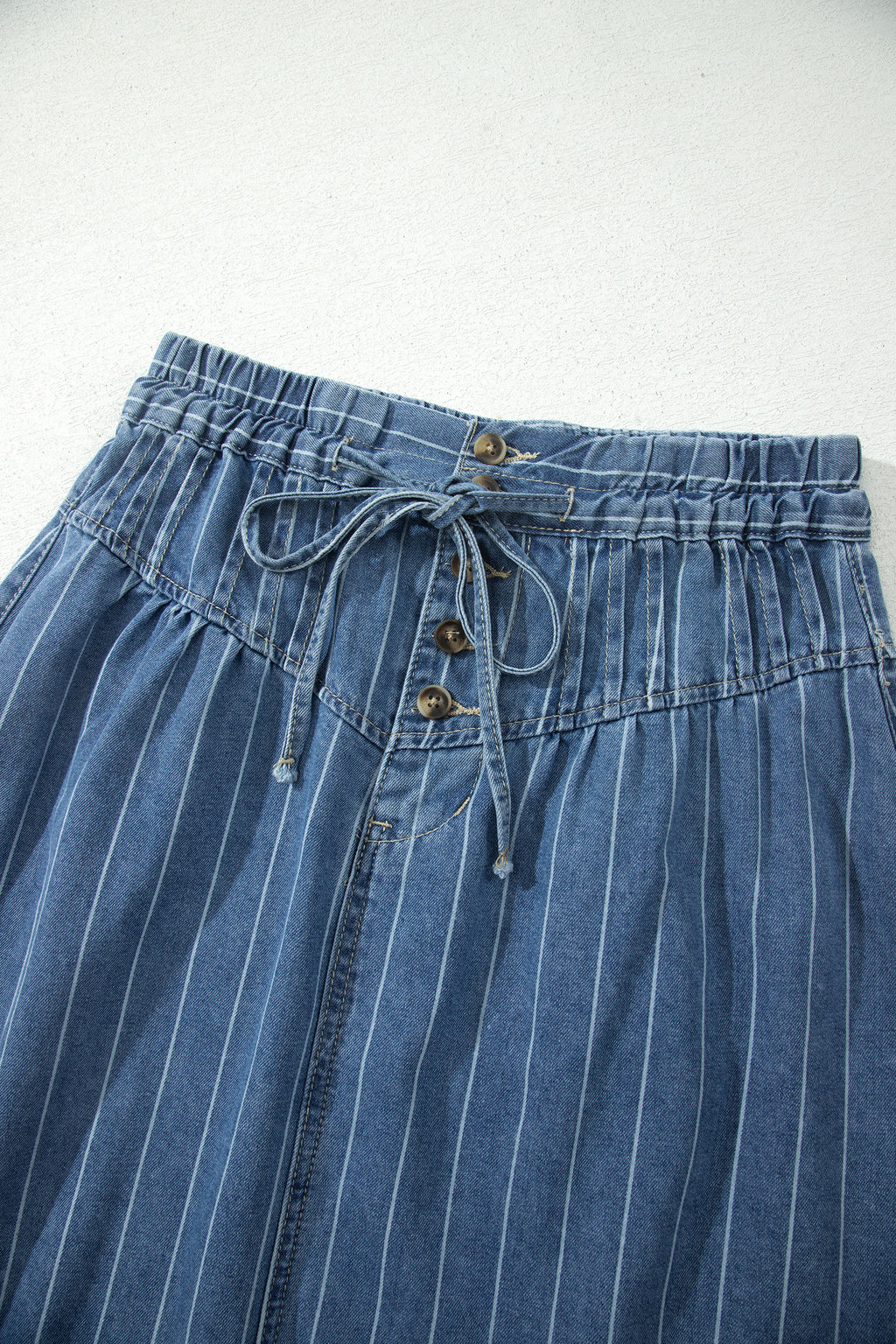 Sky Blue Stripe Pintuck High Waist Drawstring Denim Midi Skirt