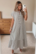 Black & Red Stripe Frilled Half Button Short Sleeve Maxi Dress