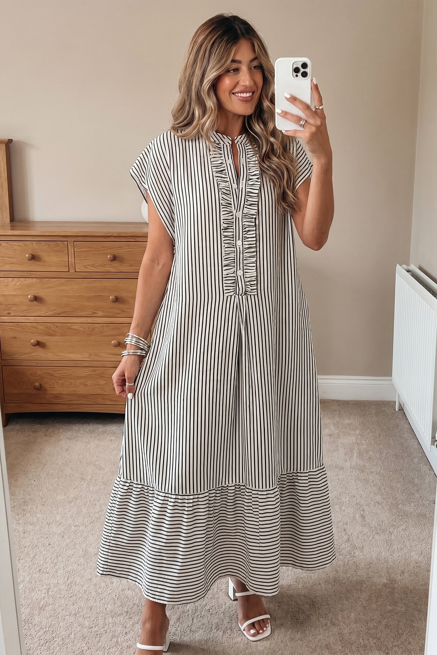 Black & Red Stripe Frilled Half Button Short Sleeve Maxi Dress