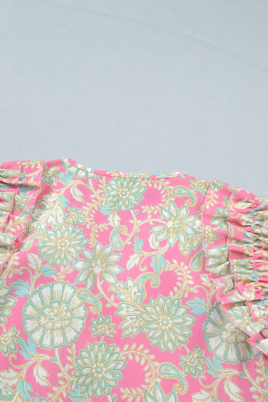 Pink Floral Tie Neck Short Puff Sleeve Blouse