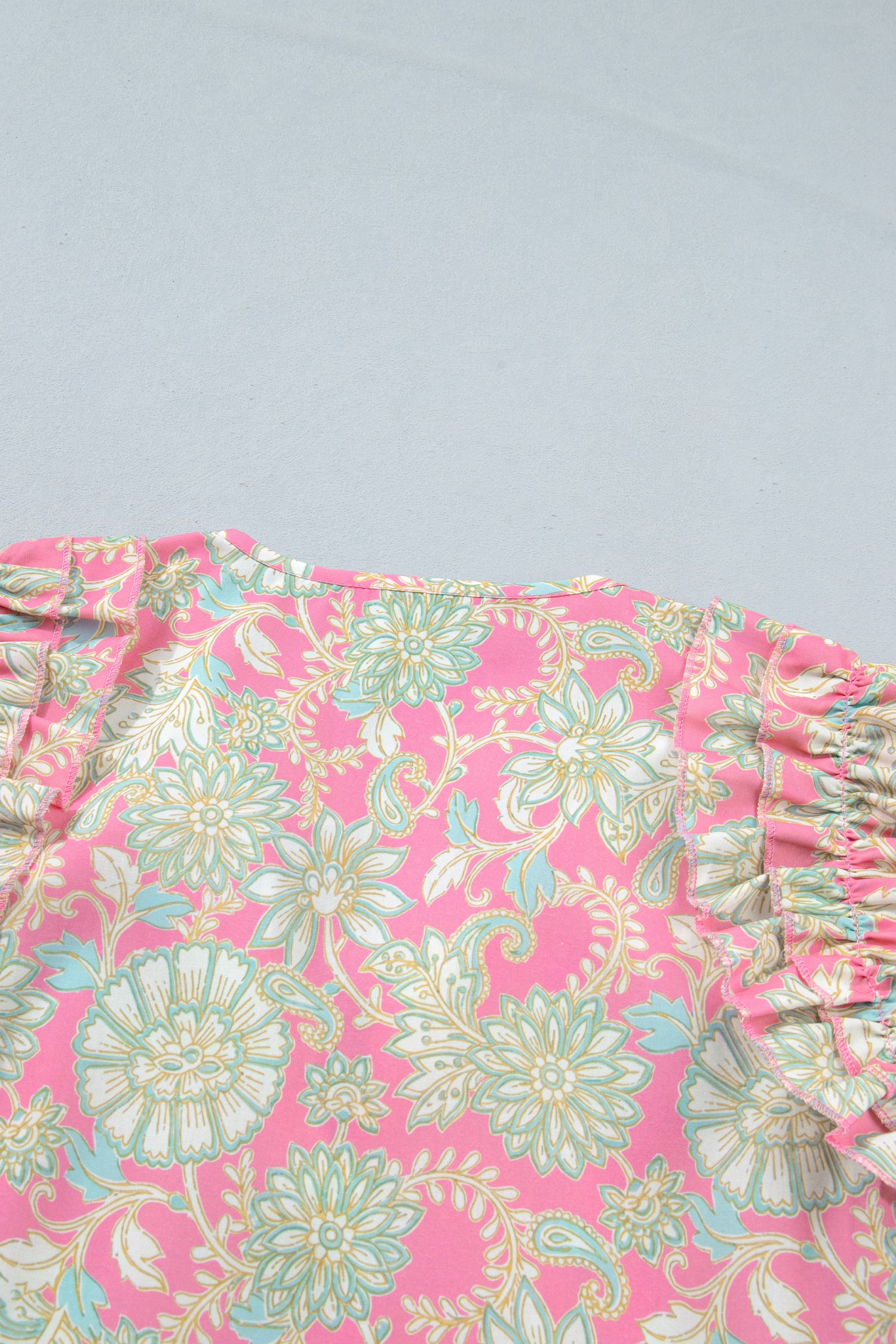Pink Floral Tie Neck Short Puff Sleeve Blouse