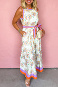 Women's White Floral Print Colour Block Trim Belted Sleeveless Maxi Dress at LivelyLooks