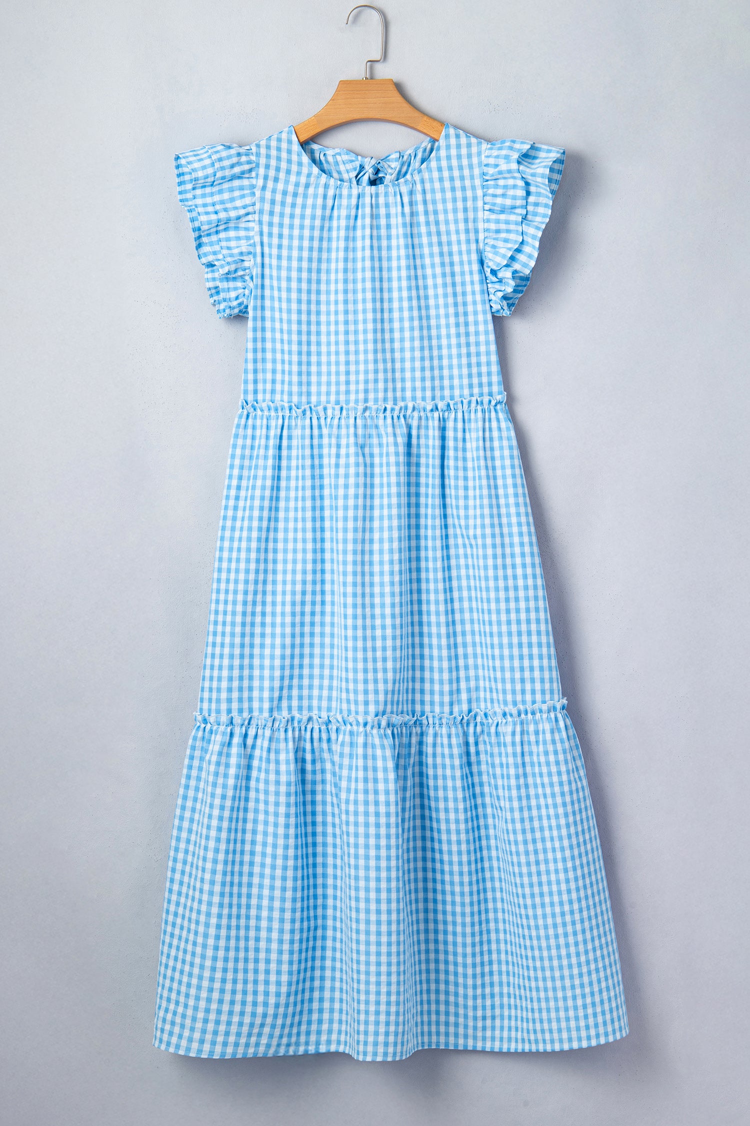 Women's Sky Blue Gingham Knot Back Ruffled Short Sleeve Maxi Dress at LivelyLooks