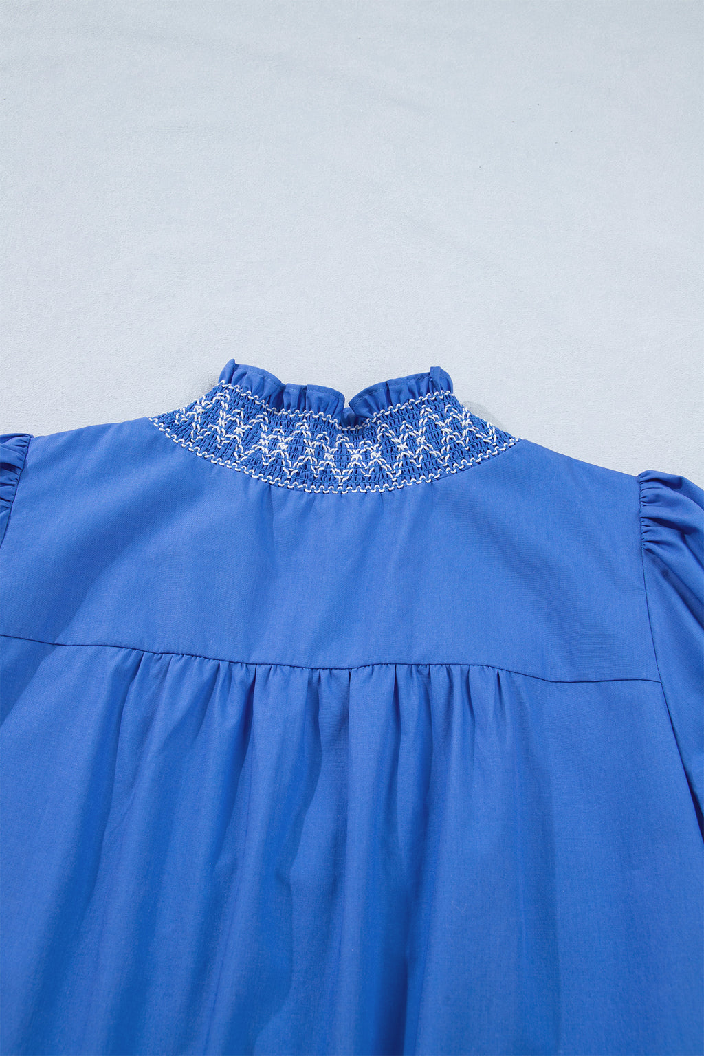 Sky Blue Embroidered Smocked Mini Dress V Neck Short Puff Sleeve Women S-XL