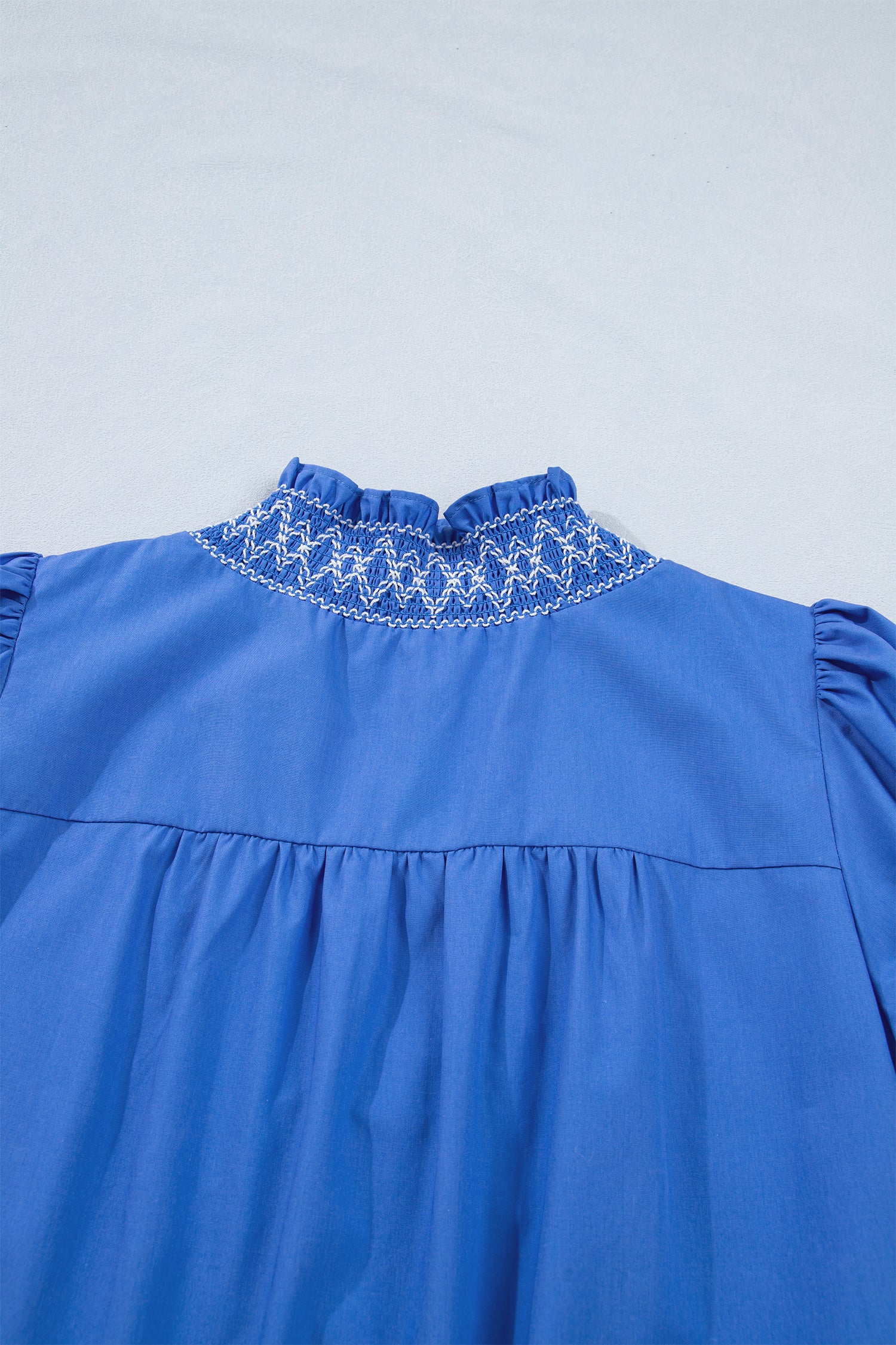 Sky Blue Embroidered Smocked Mini Dress V Neck Short Puff Sleeve Women S-XL