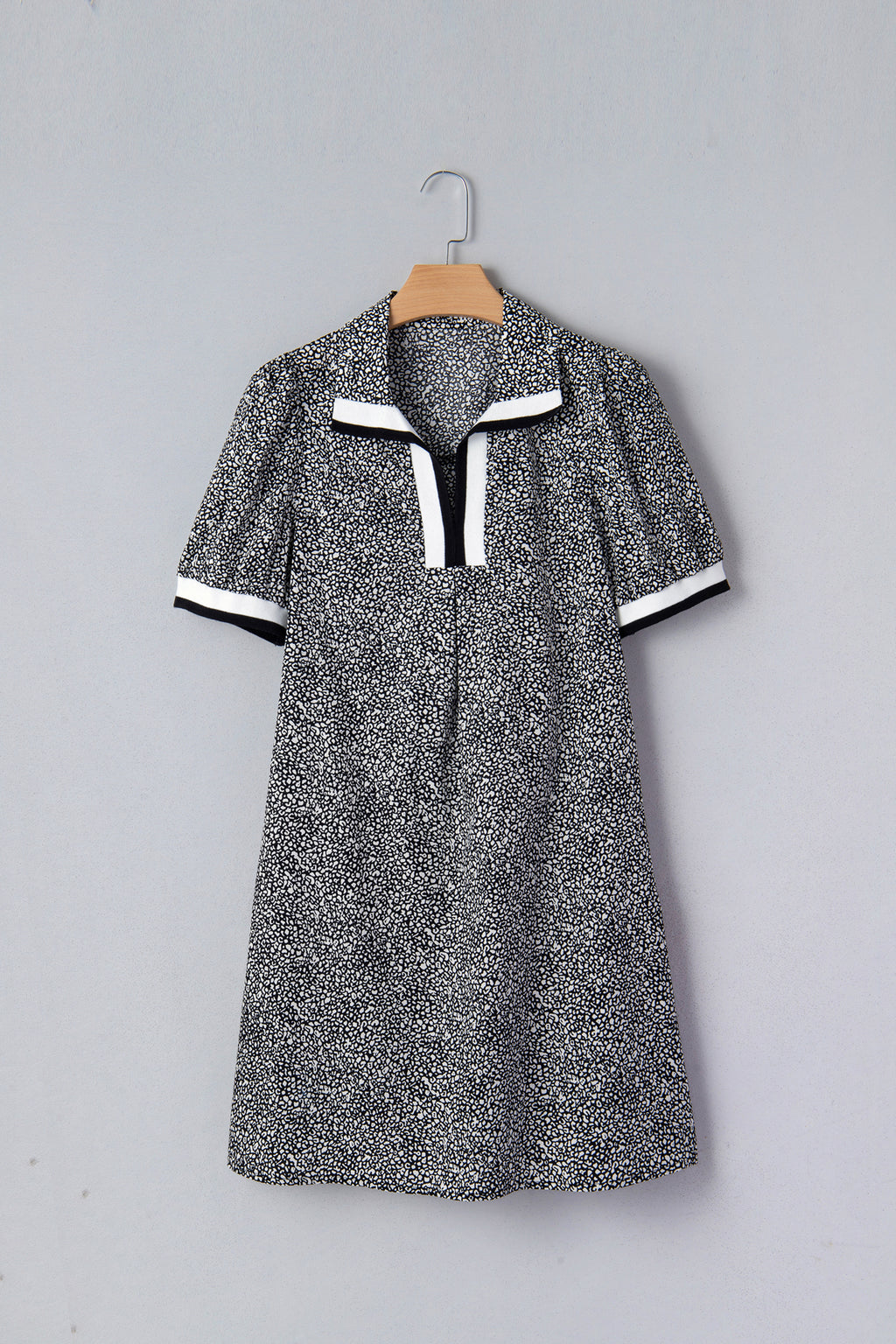 Women's Black Leopard Print Contrast Striped Trim Polo Collar Short Sleeve Dress with Pockets at LivelyLooks