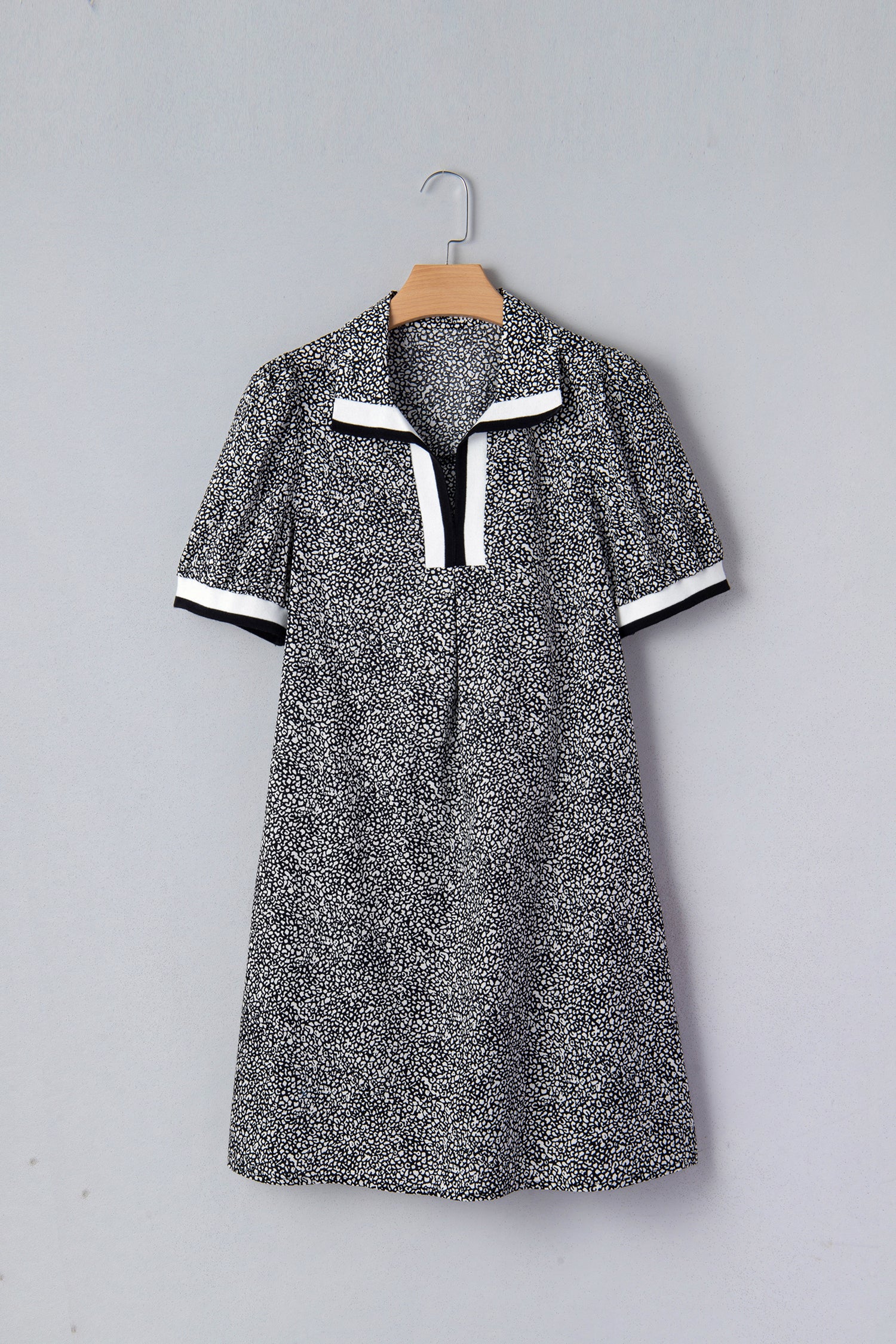 Women's Black Leopard Print Contrast Striped Trim Polo Collar Short Sleeve Dress with Pockets at LivelyLooks