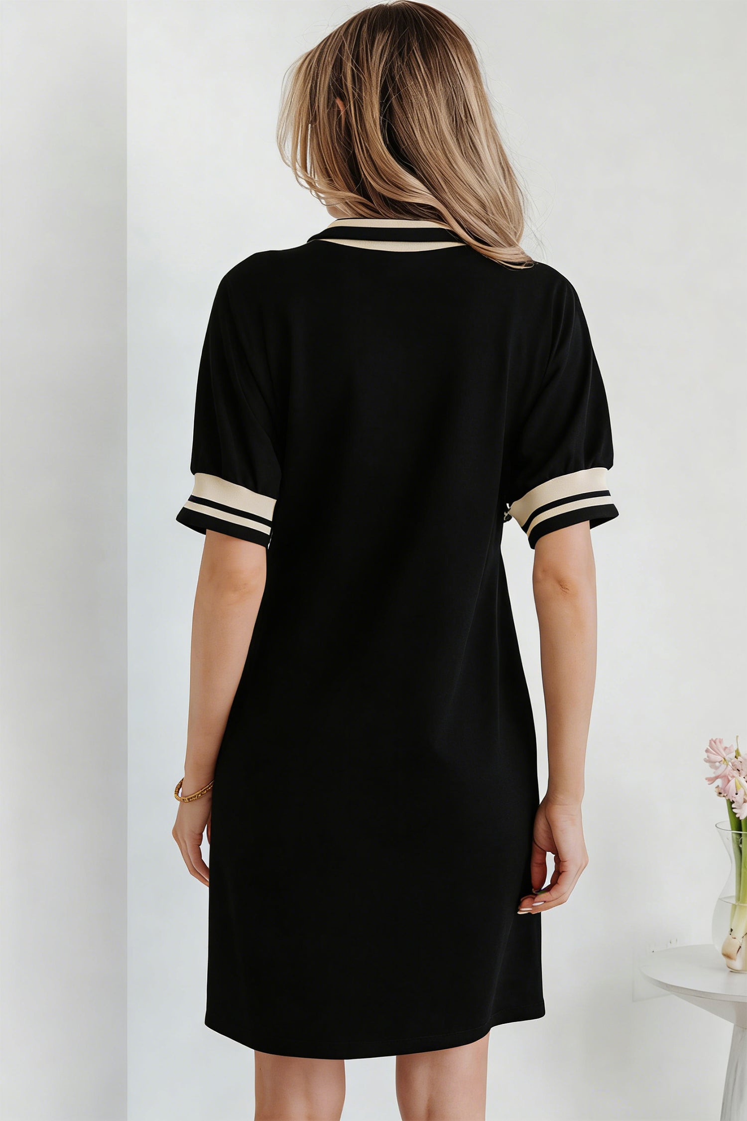 Black Striped Webbing Trim Polo Tee Dress Preppy Short Sleeve Women S-2XL