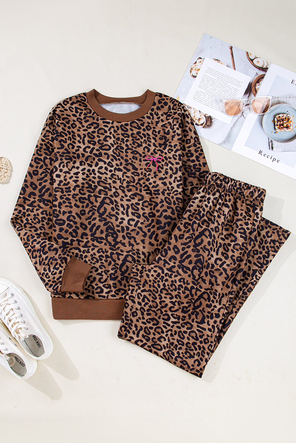 Coffee Leopard Print Contrast Trim Long Sleeve Top & Pants Set | UK 8–22