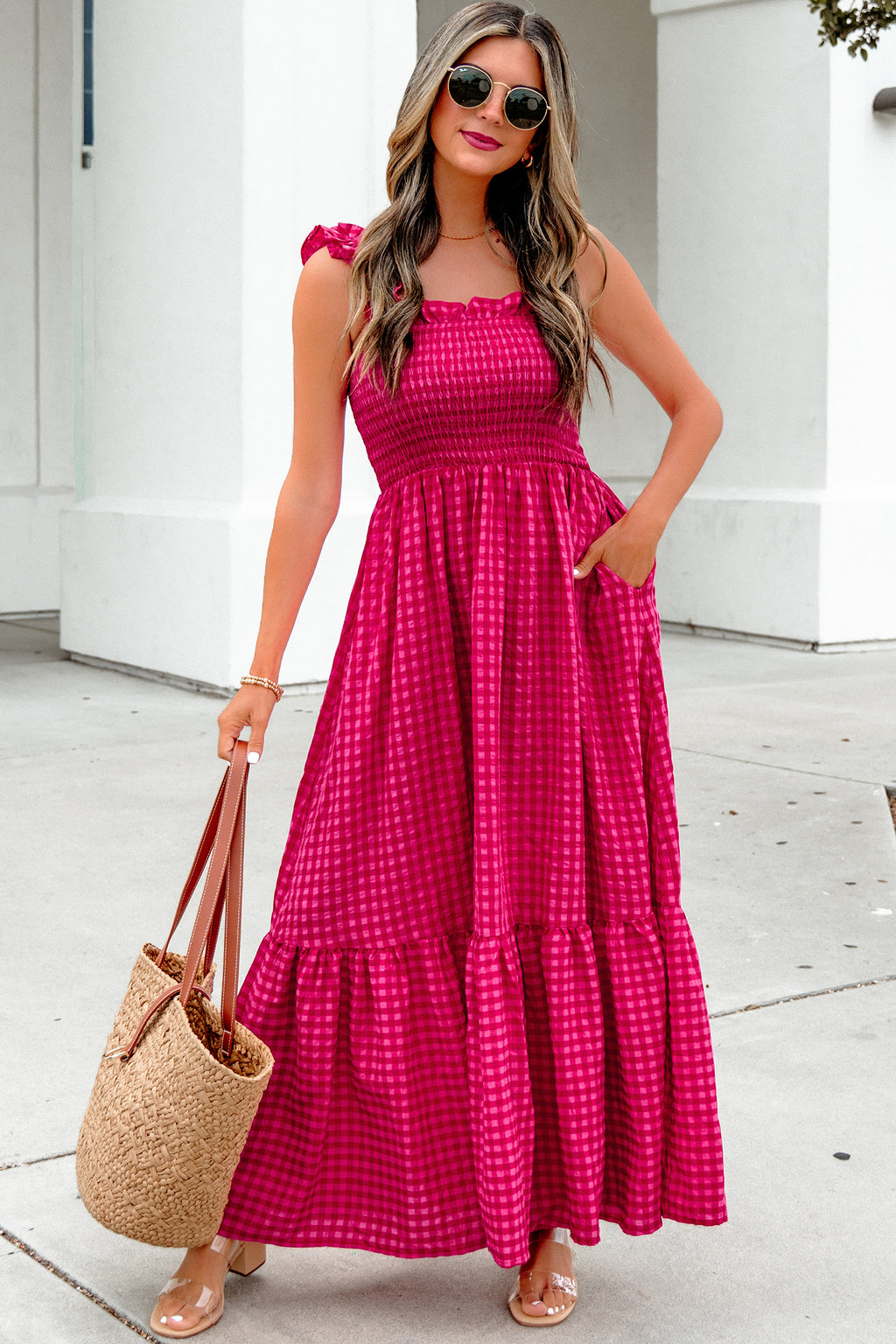Red Plaid Fit & Flare Sundress Square Neck Vacation Women S-XL