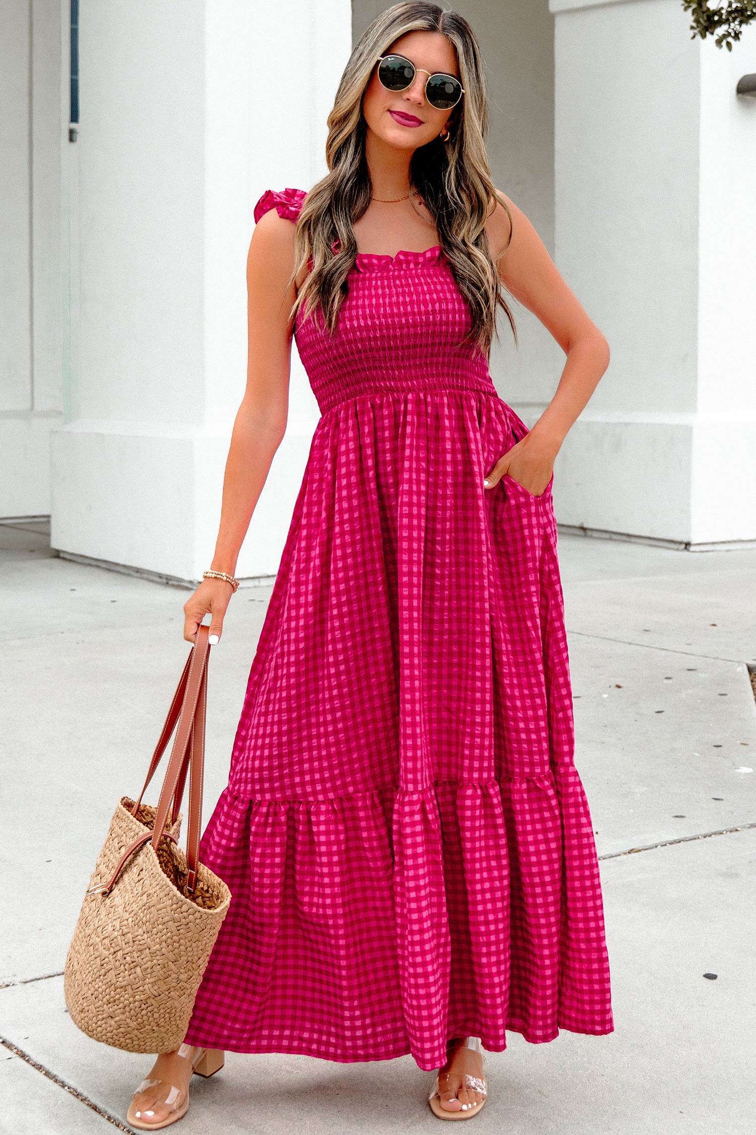Red Plaid Fit & Flare Sundress Square Neck Vacation Women S-XL