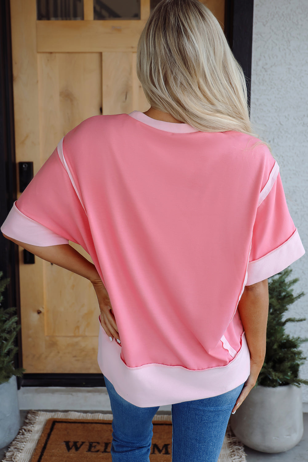 Peach Blossom Half Sleeve Raw Seam High-Low Side Split Top