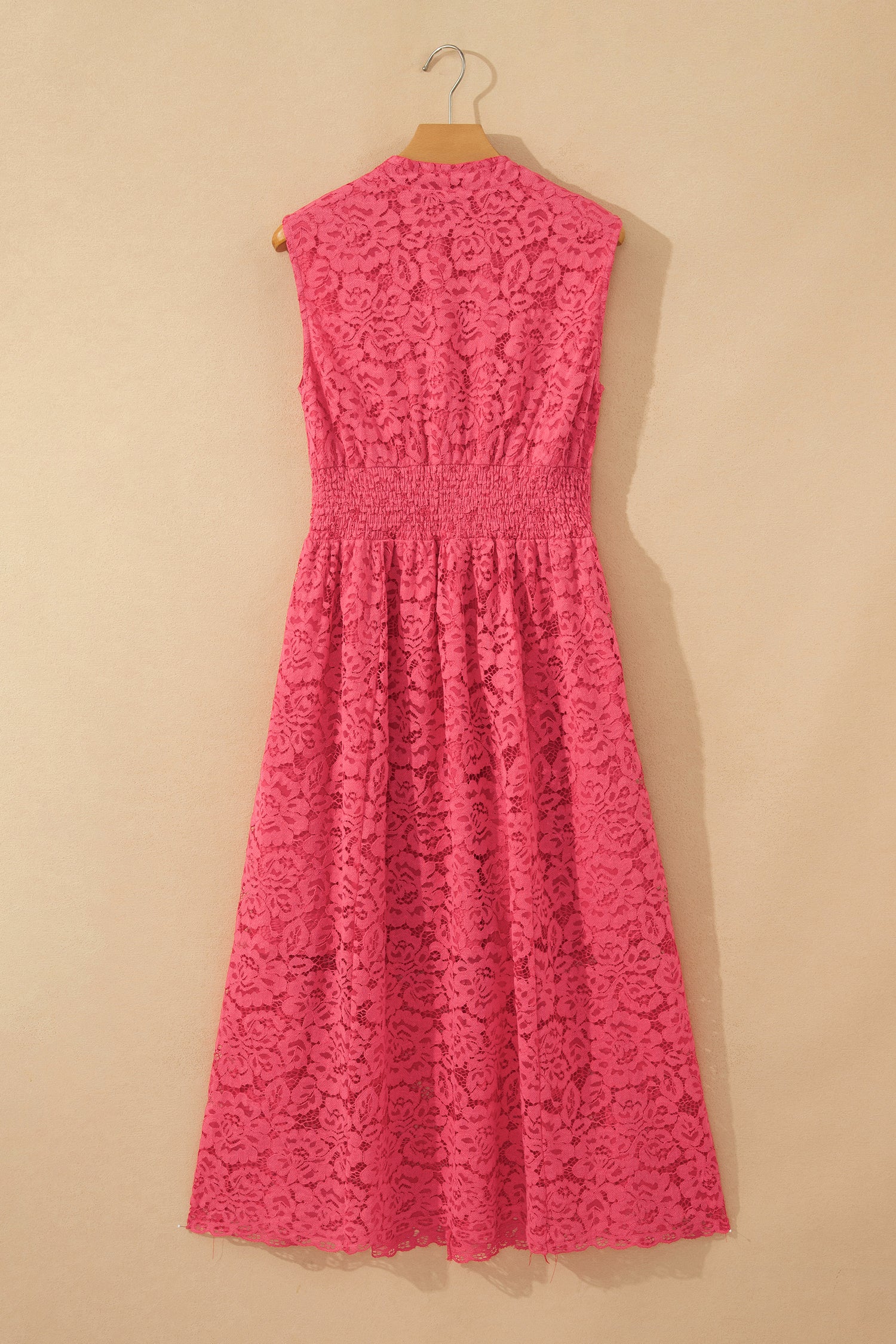 Women's Coral Floral Lace Overlay Smocked Waist V-Neck Sleeveless Maxi Dress S-XL at LivelyLooks