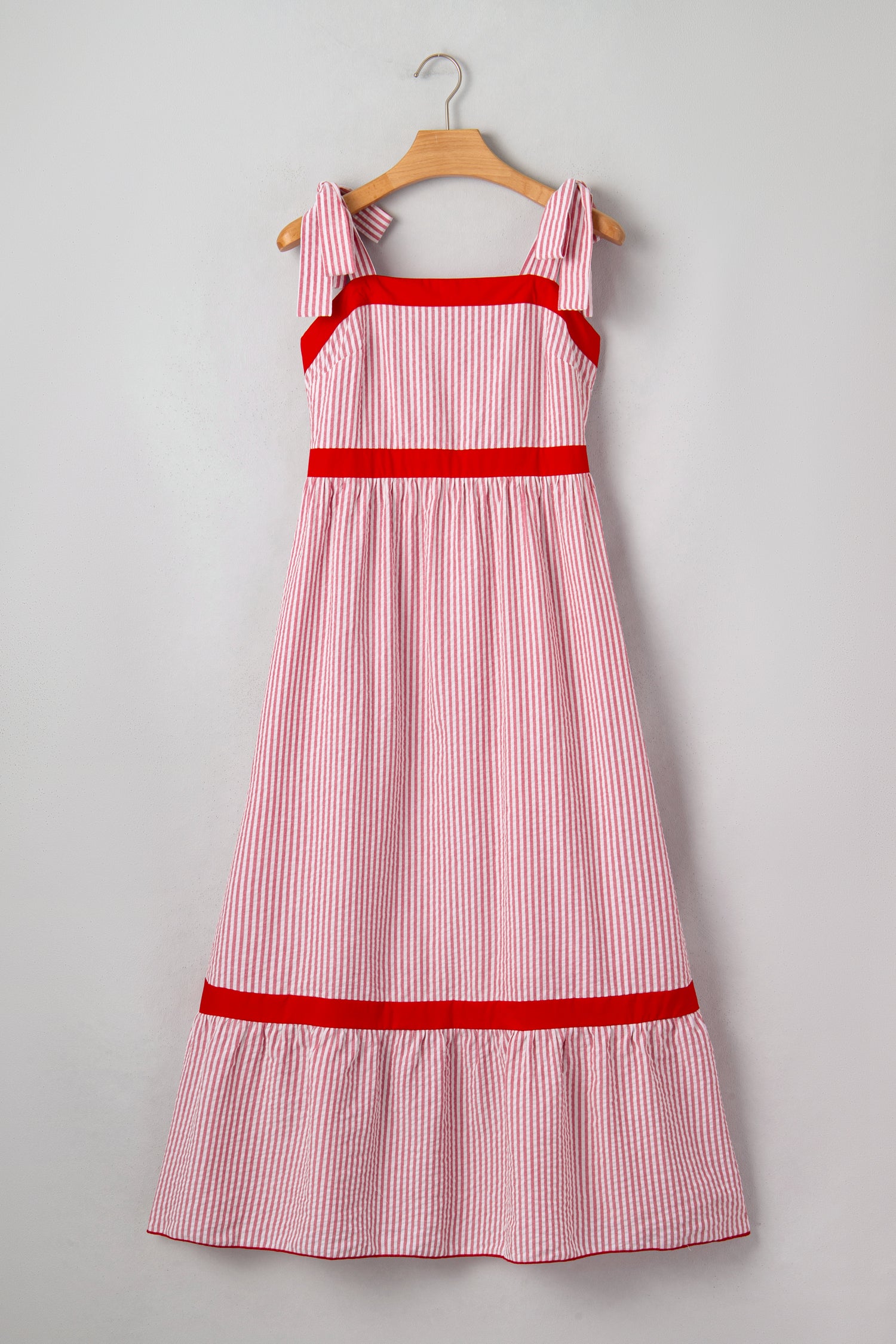 Women's Red Stripe Bow Knot Straps Contrast Trim High Waist Ruffle Maxi Dress at LivelyLooks