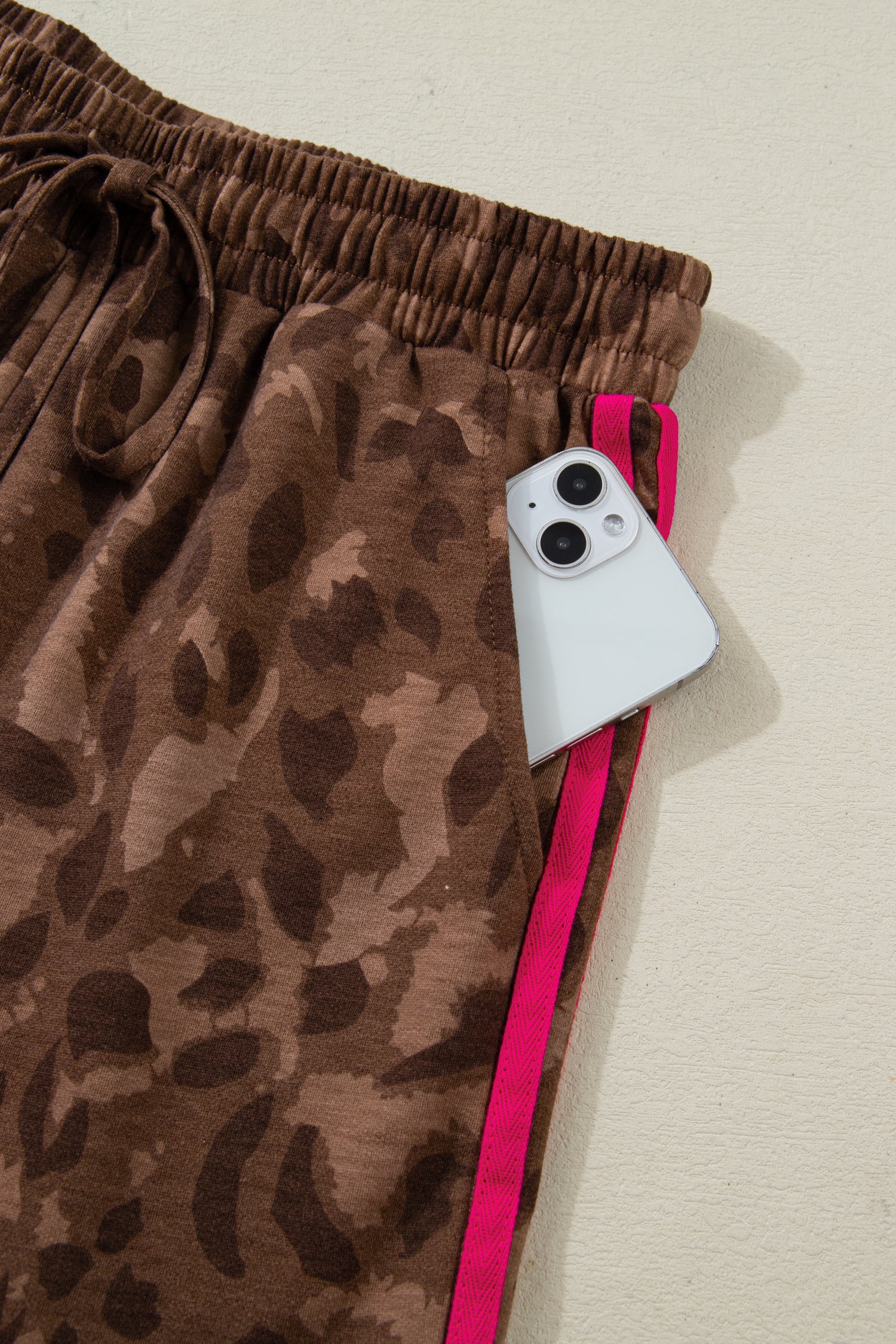 Brown Contrast Striped Accent Leopard Short Set | UK 8–22