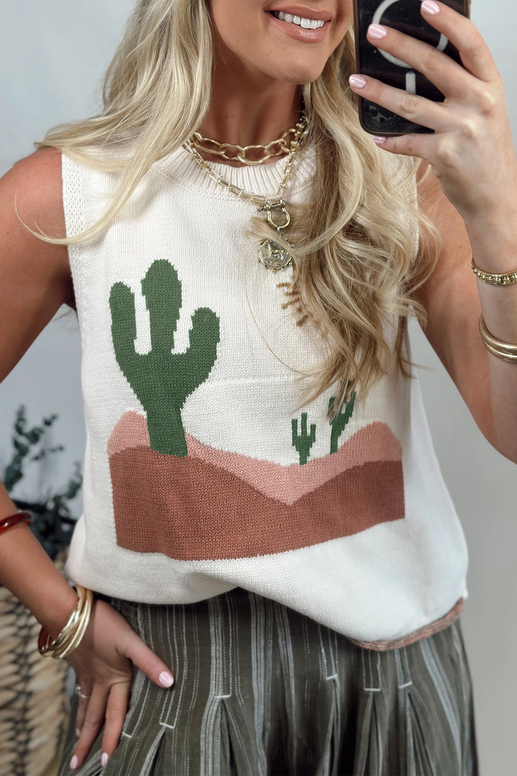 Multicolour Cactus Western Print Loose Sweater Vest