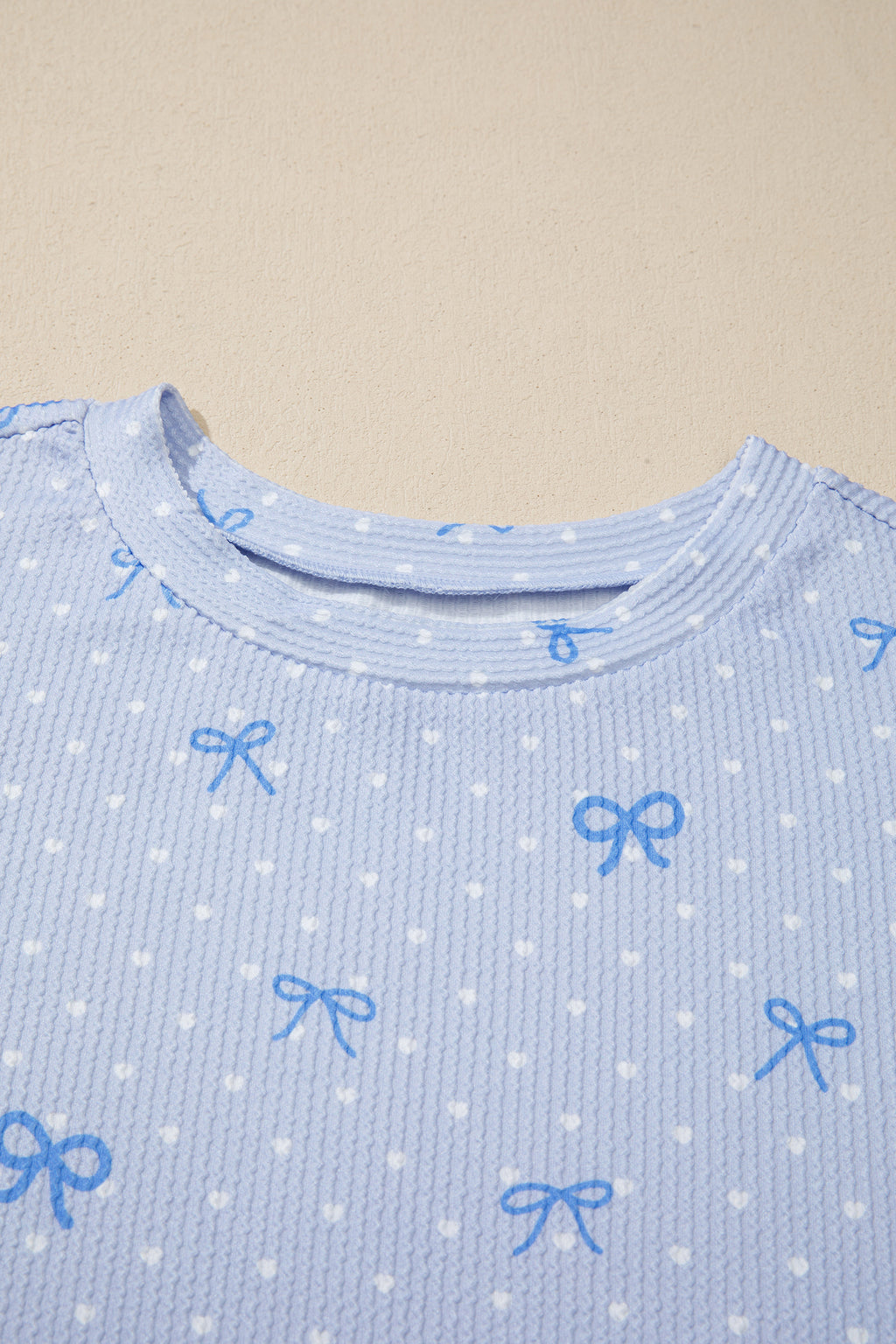 Sky Blue Tiny Heart & Bow Print Twisted Rib Loose 2pcs Short Set