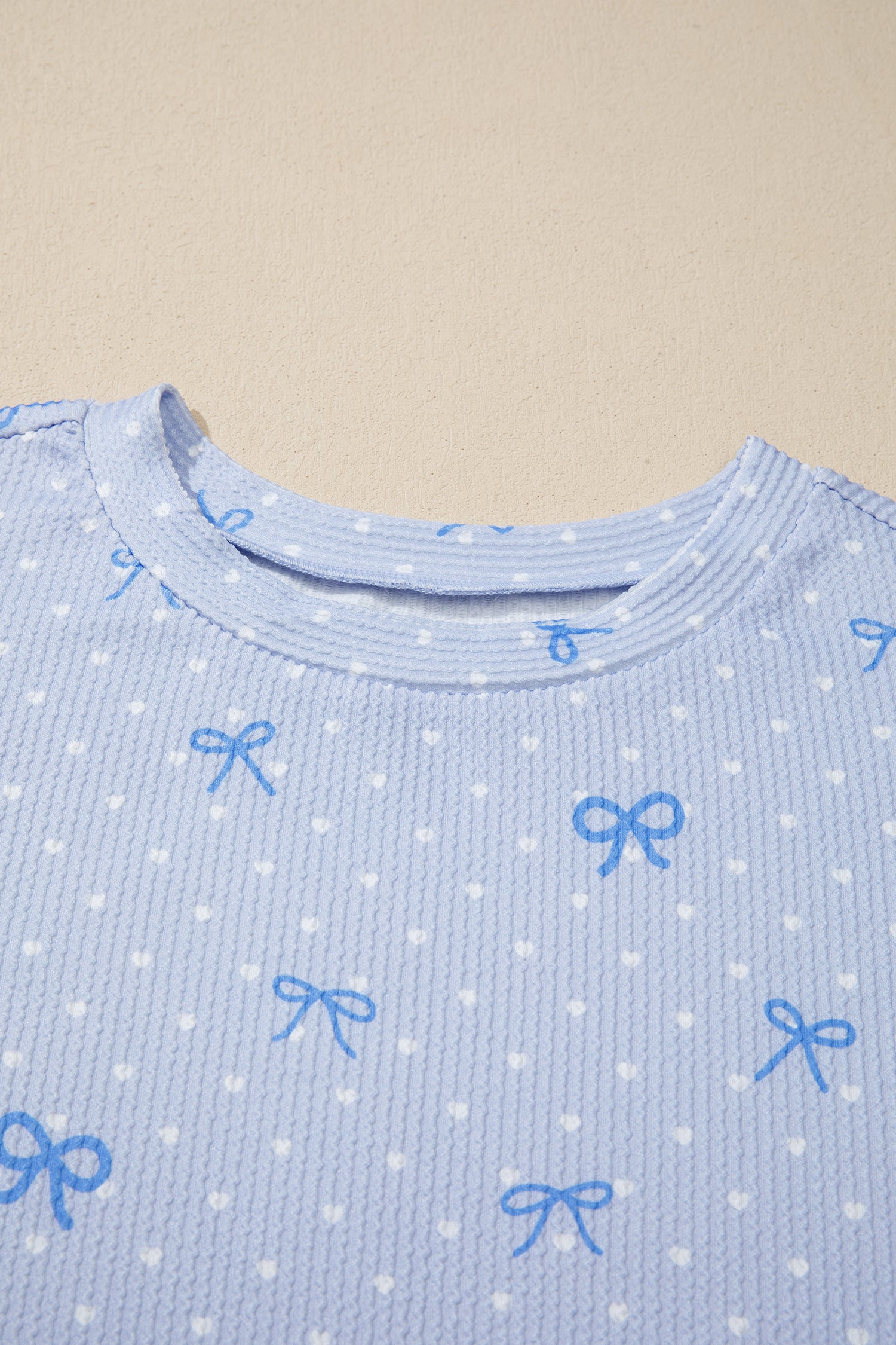 Sky Blue Tiny Heart & Bow Print Twisted Rib Loose 2pcs Short Set